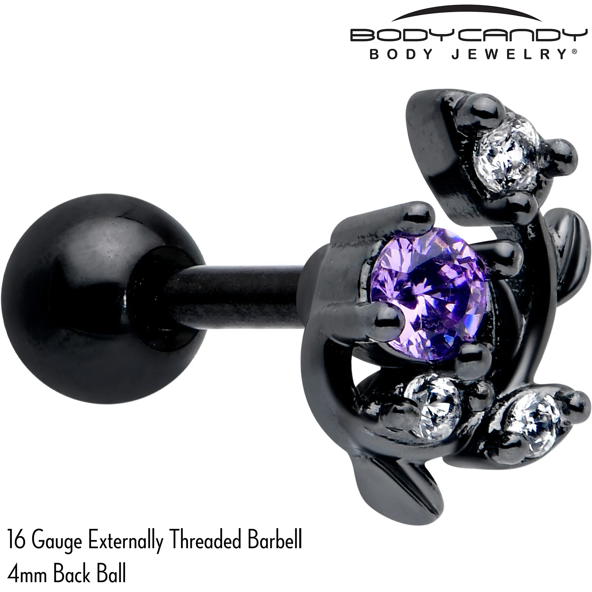 16G 1/4 Purple CZ Gem Black Twining Vine Cartilage Tragus Earring - Image 2