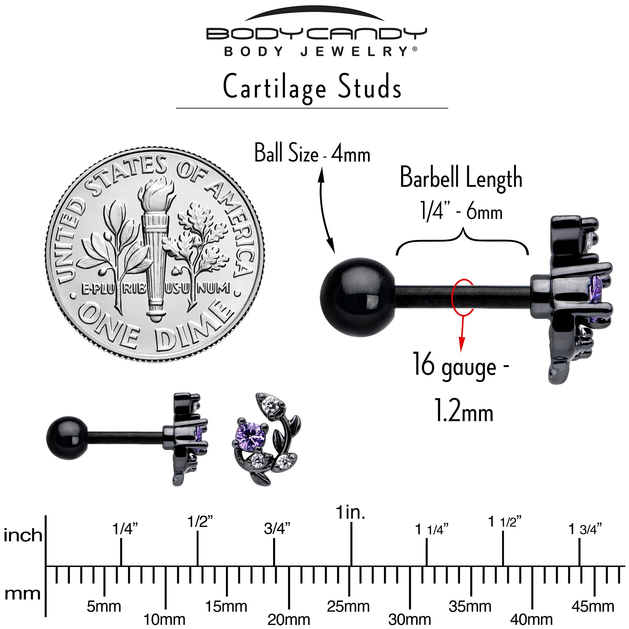 16G 1/4 Purple CZ Gem Black Twining Vine Cartilage Tragus Earring - Image 6