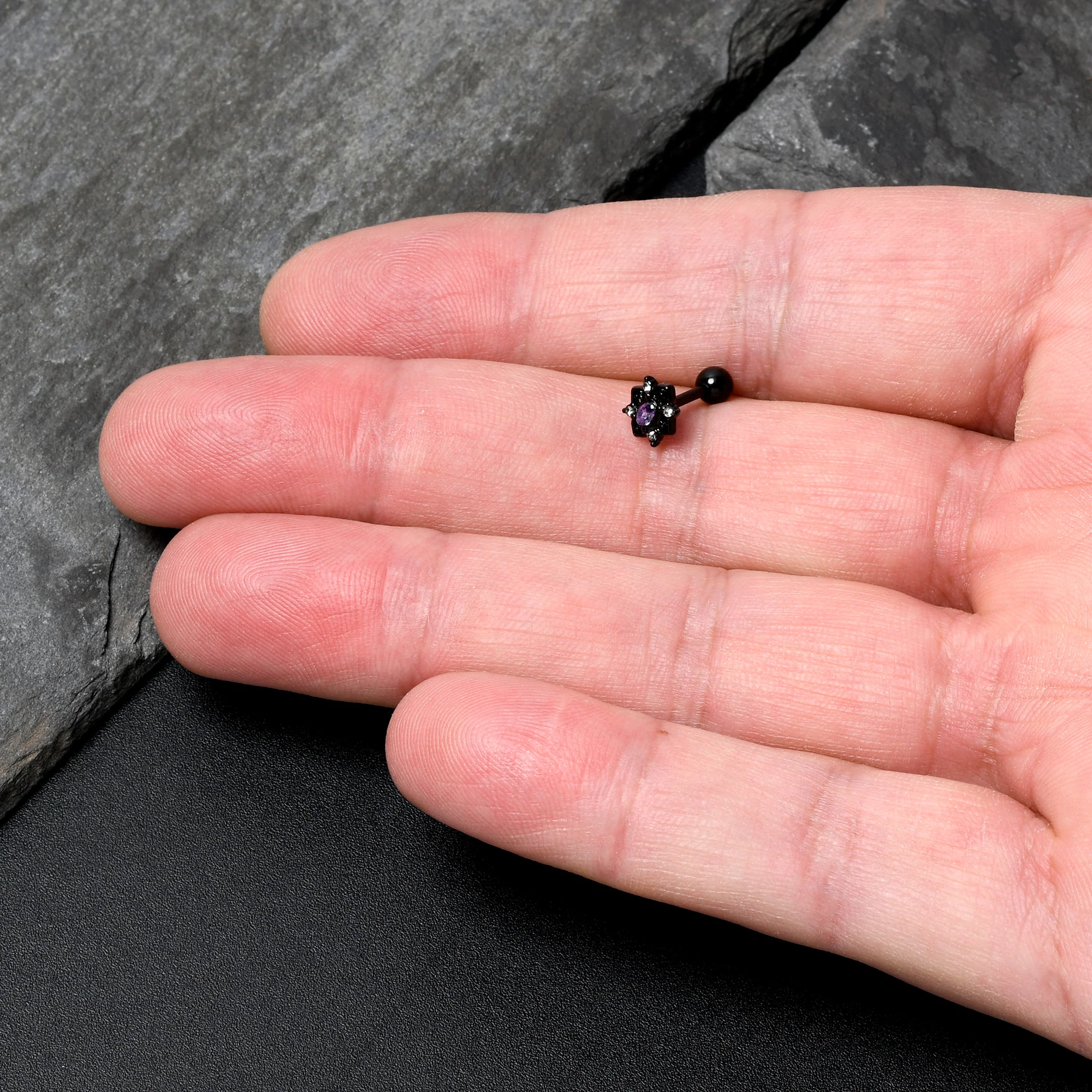 16G 1/4 Purple Gem Black Scrolling Hearts Cartilage Tragus Earring - Image 4