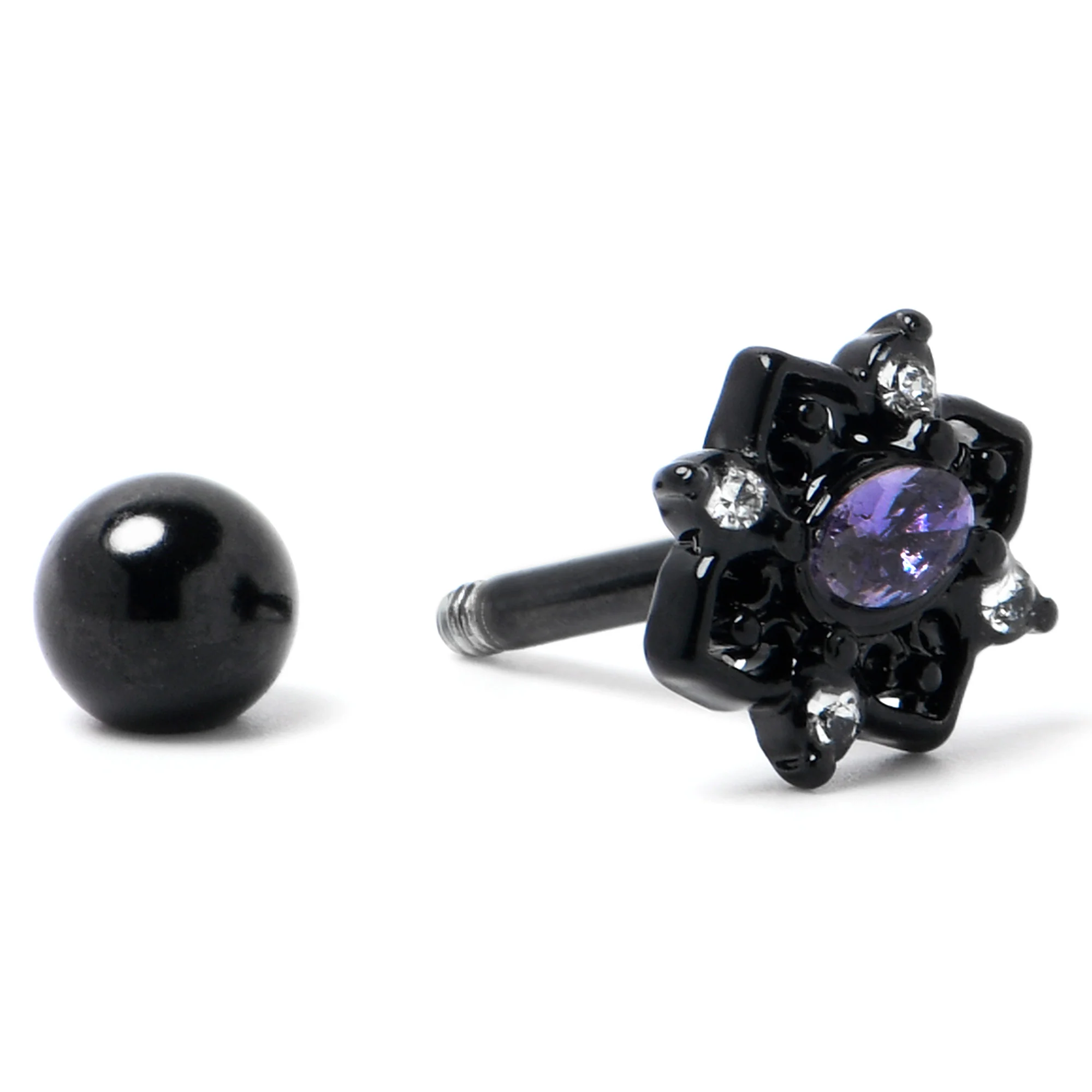 16G 1/4 Purple Gem Black Scrolling Hearts Cartilage Tragus Earring - Image 6