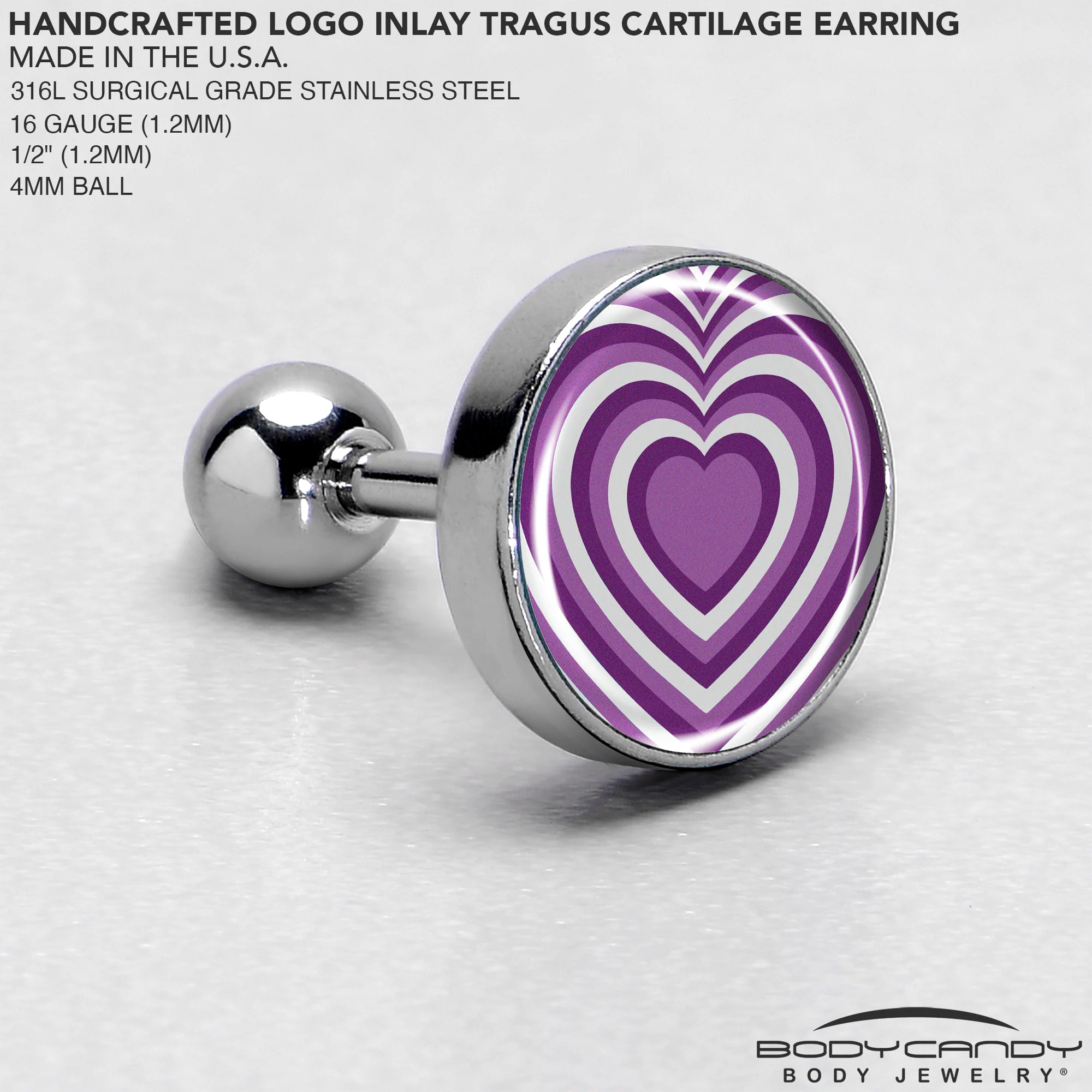 16G 1/4 Purple Retro Heart Tragus Cartilage Earring by Onyx O - Image 4