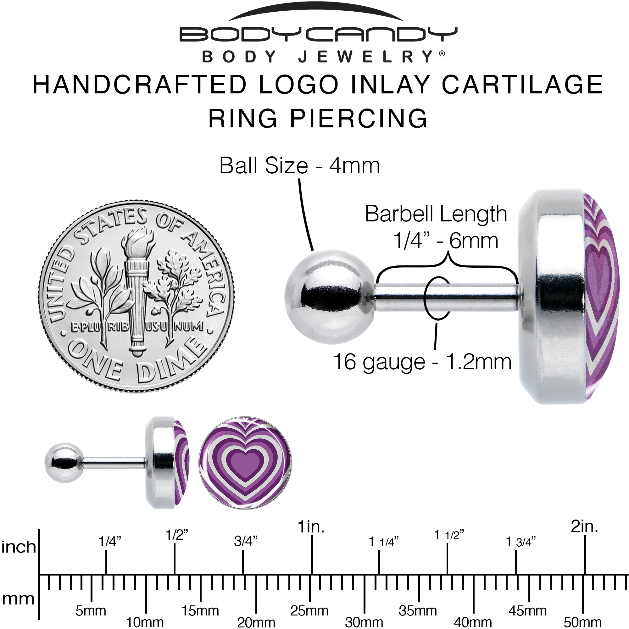 16G 1/4 Purple Retro Heart Tragus Cartilage Earring by Onyx O - Image 6