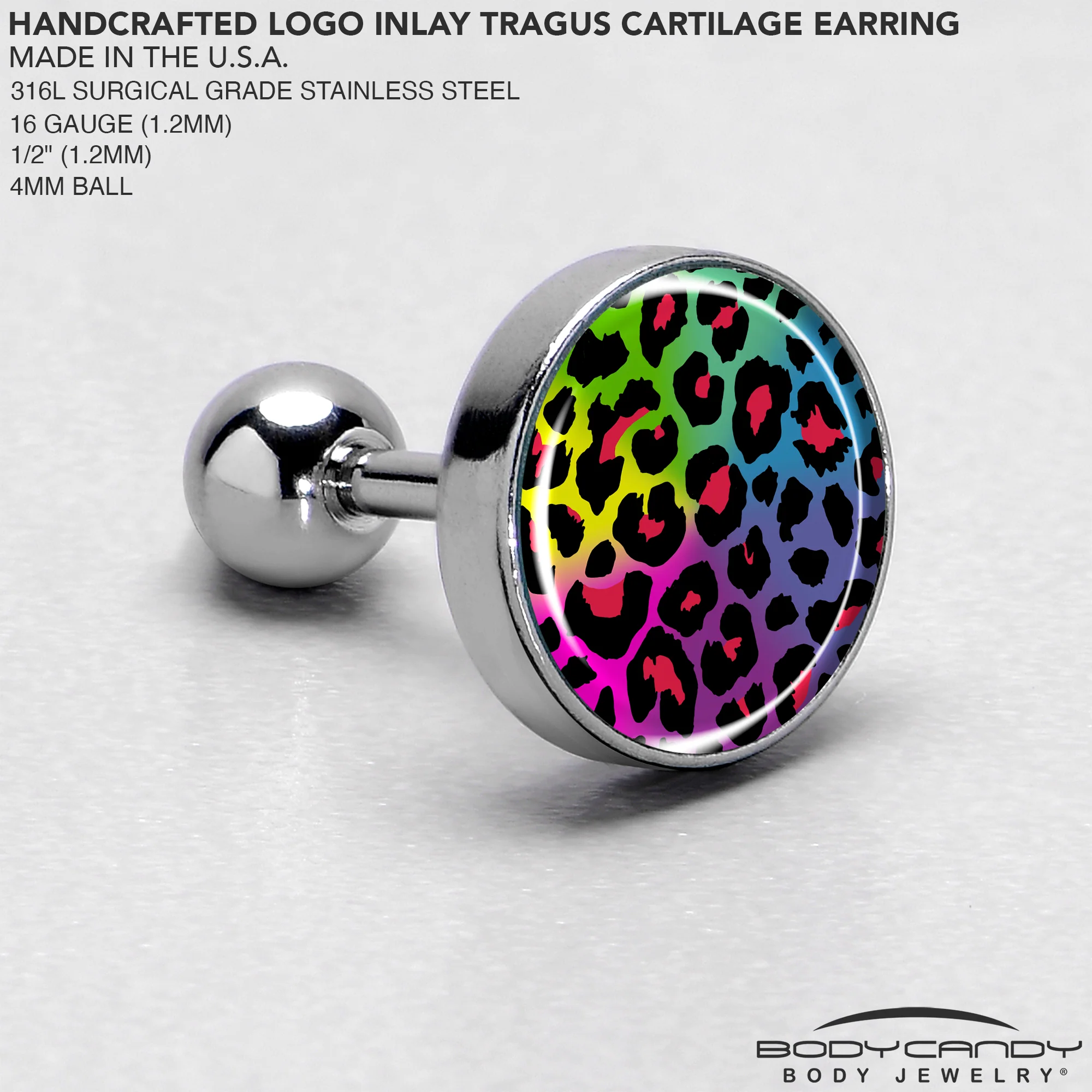 16G 1/4 Rainbow Cheetah Print Cartilage Tragus Earring by Onyx O - Image 4