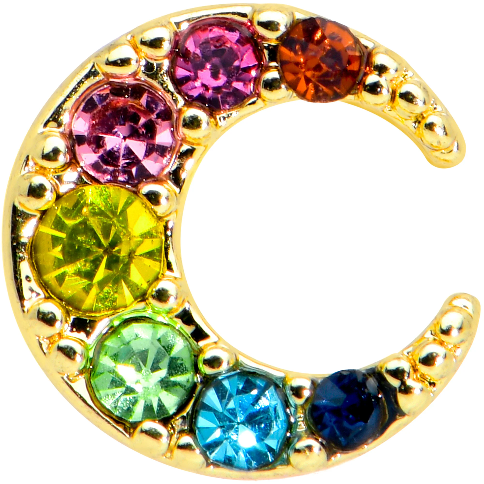 16G 1/4 Rainbow Gem Gold Tone Crescent Moon Labret Tragus - Image 2