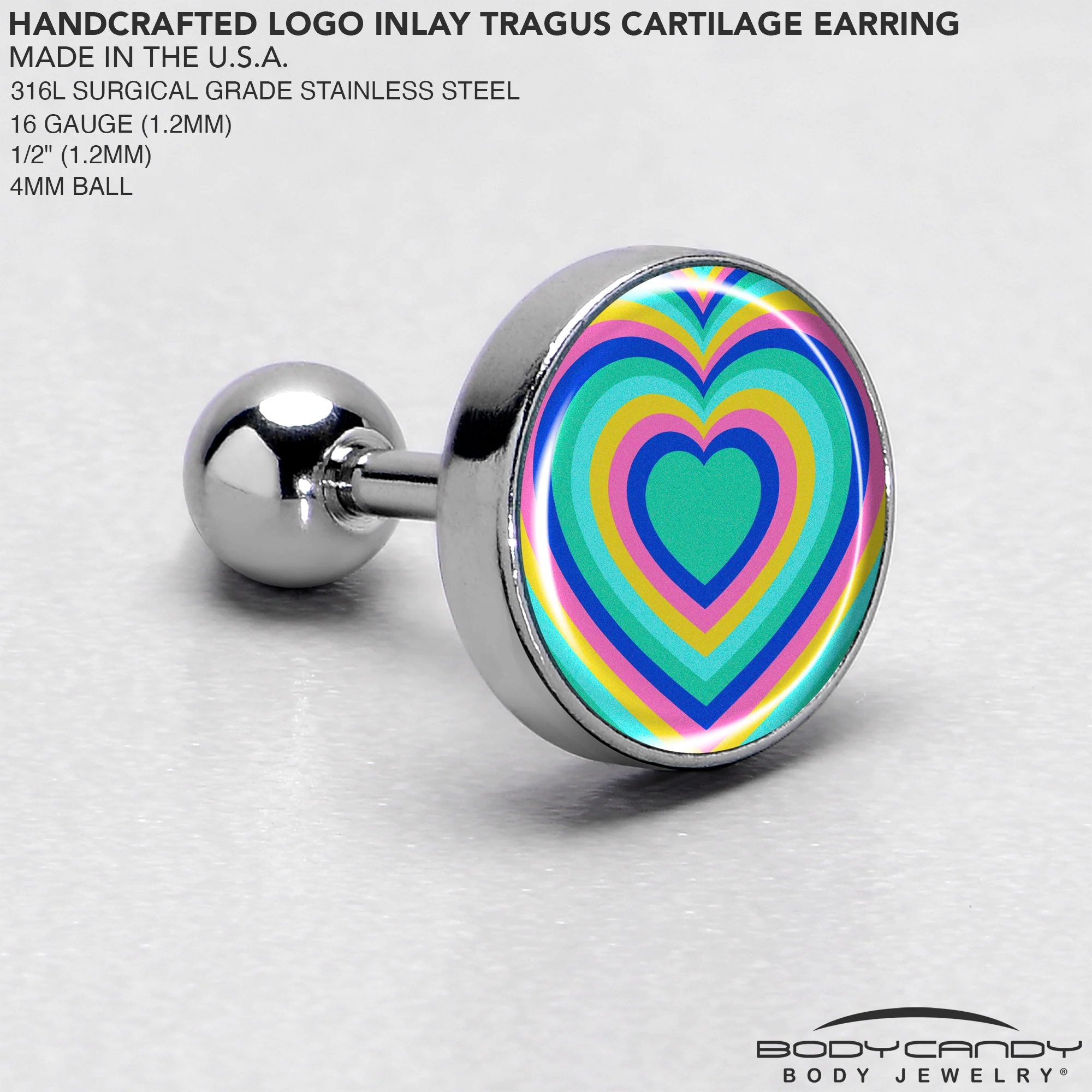 16G 1/4 Rainbow Retro Heart Tragus Cartilage Earring by Onyx O - Image 4