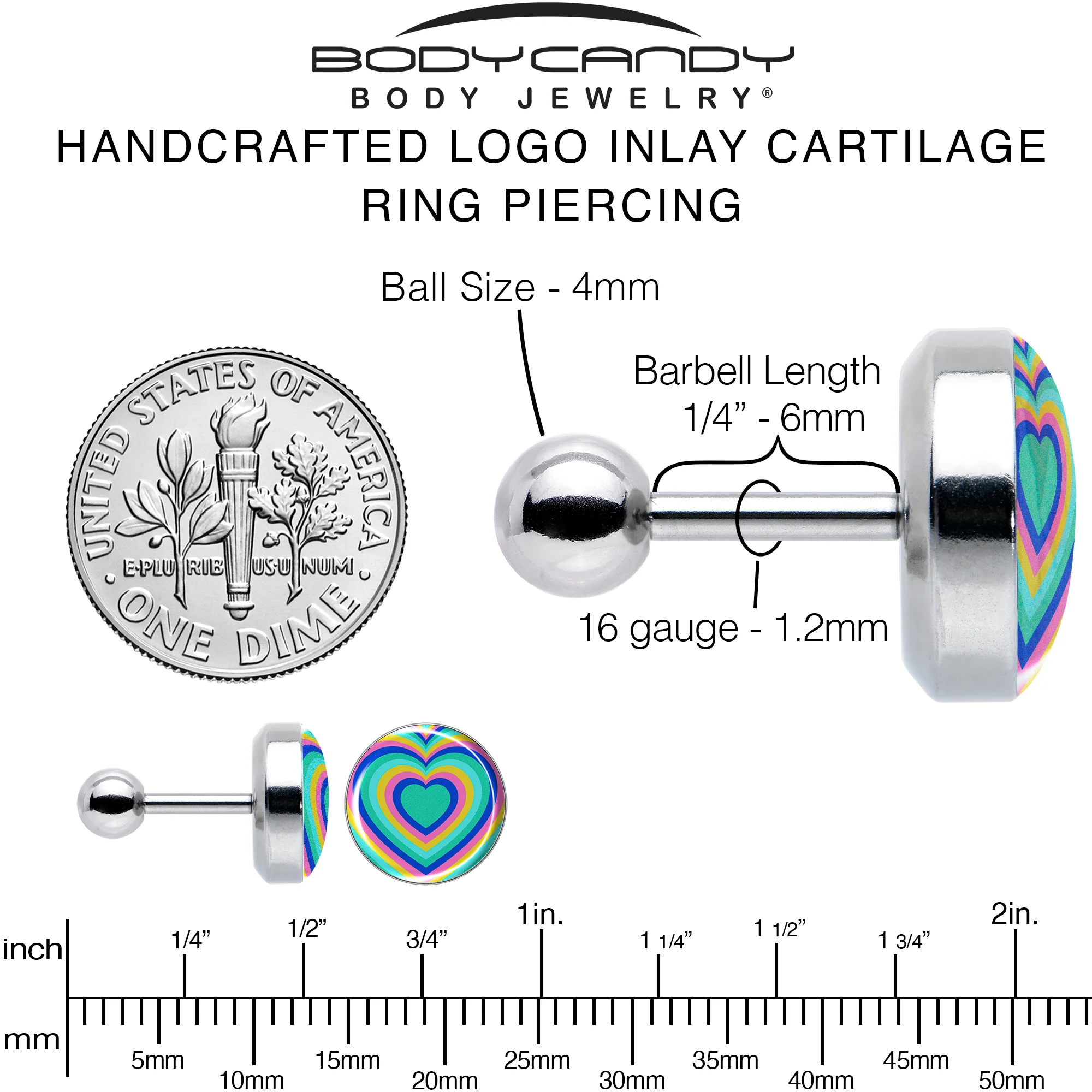 16G 1/4 Rainbow Retro Heart Tragus Cartilage Earring by Onyx O - Image 6