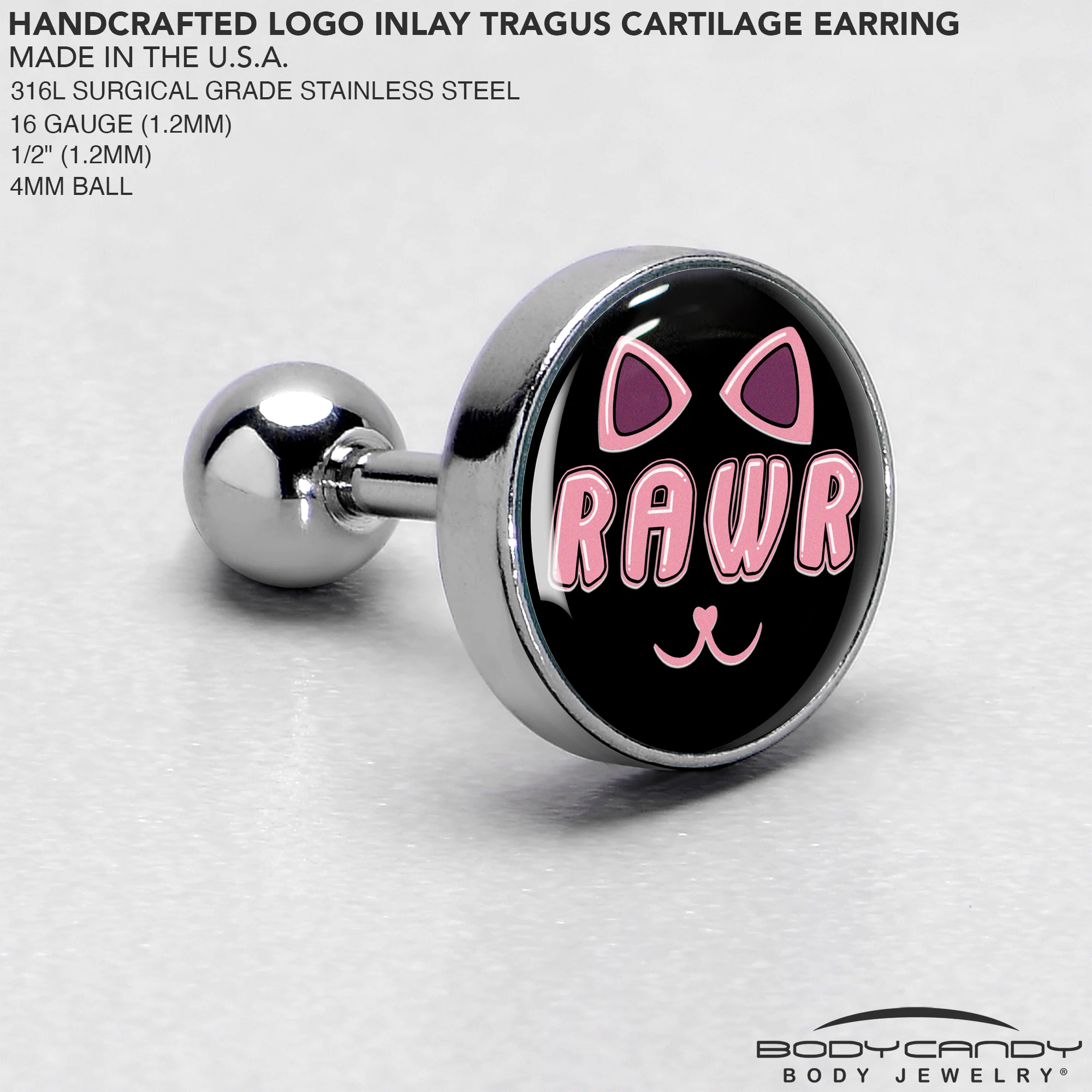 16G 1/4 RAWR Kittly Cat Tragus Cartilage Earring by Onyx O - Image 4