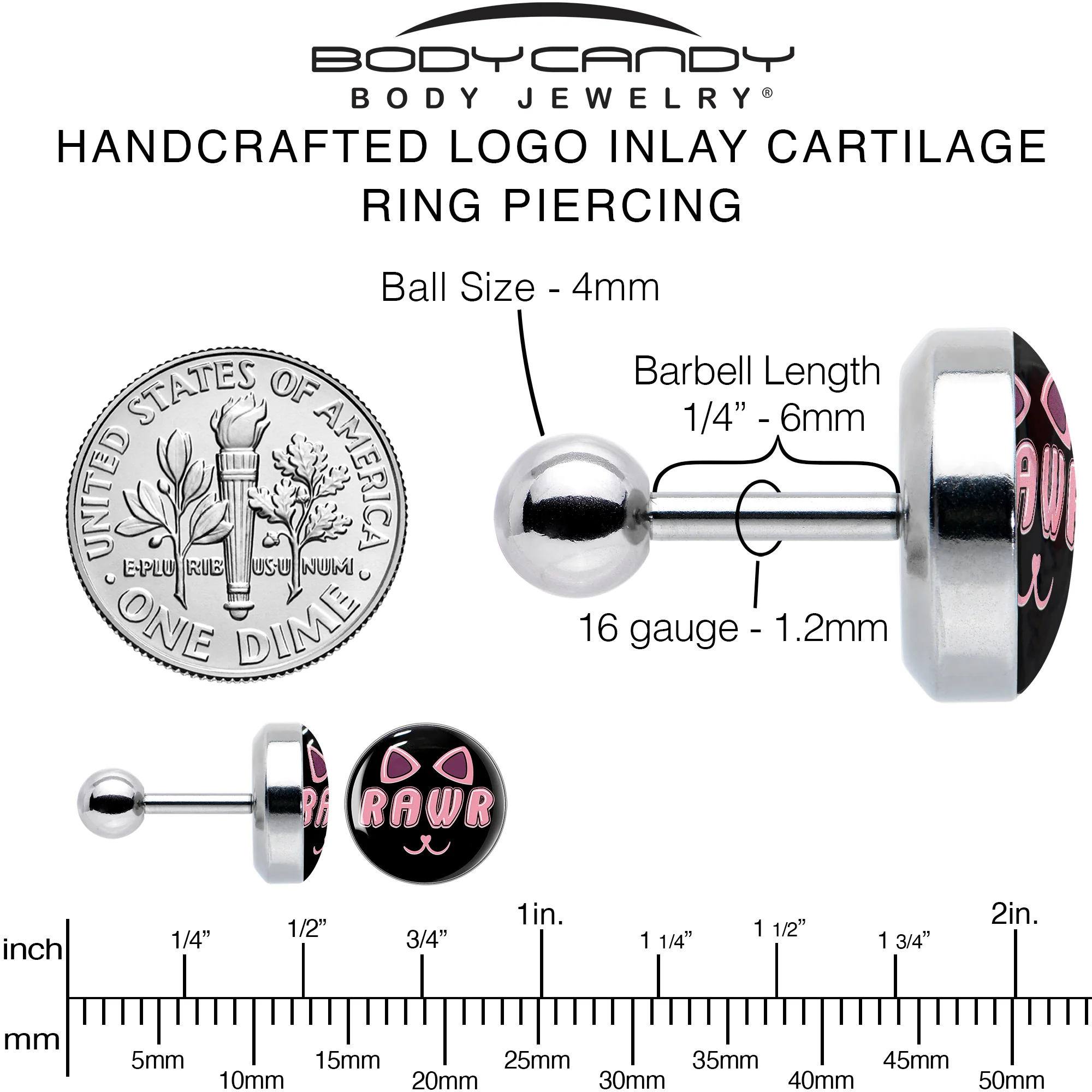 16G 1/4 RAWR Kittly Cat Tragus Cartilage Earring by Onyx O - Image 6
