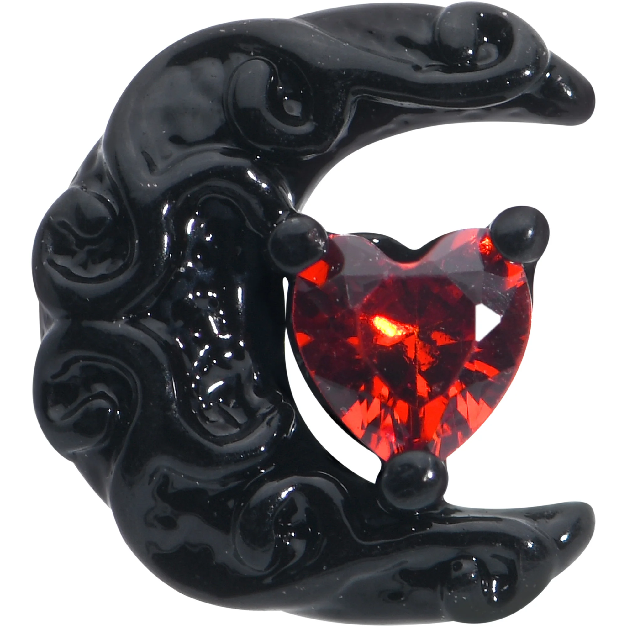 16G 1/4 Red CZ Gem Black Scroll Moon Heart Cartilage Tragus Earring - Image 2