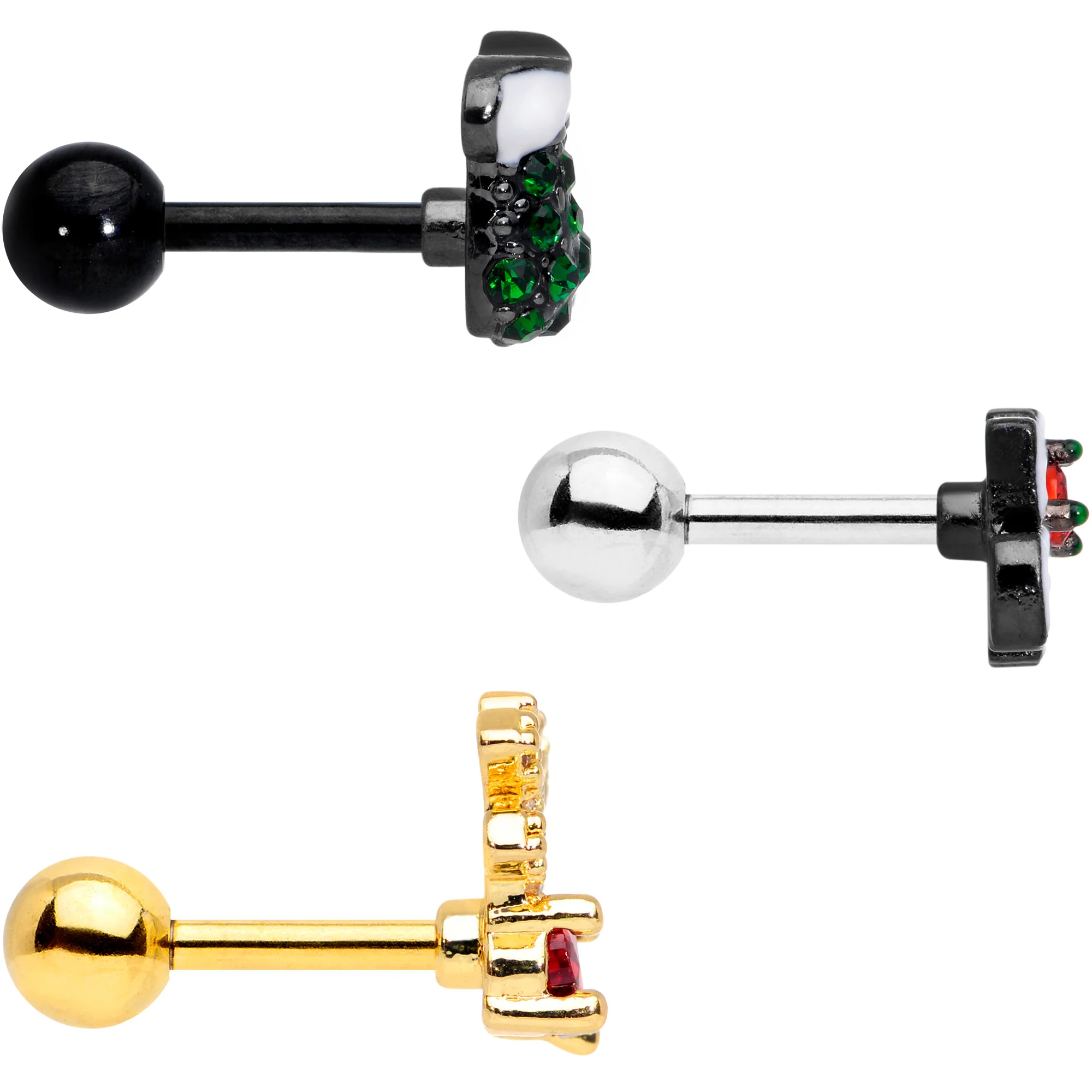 16G 1/4 Red CZ Gem Gold Tone Christmas Cartilage Earring Set of 3 - Image 3