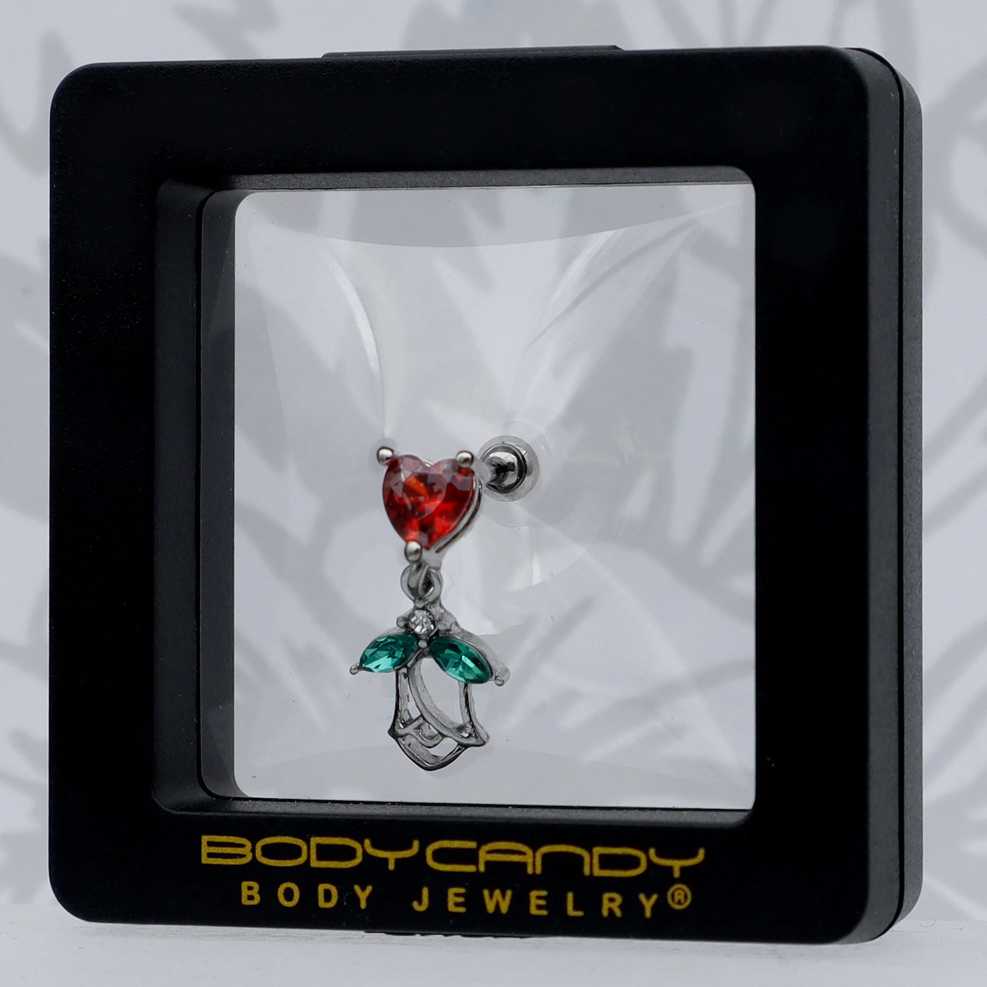 16G 1/4 Red CZ Gem Heart And Rose Dangle Cartilage Earring - Image 8