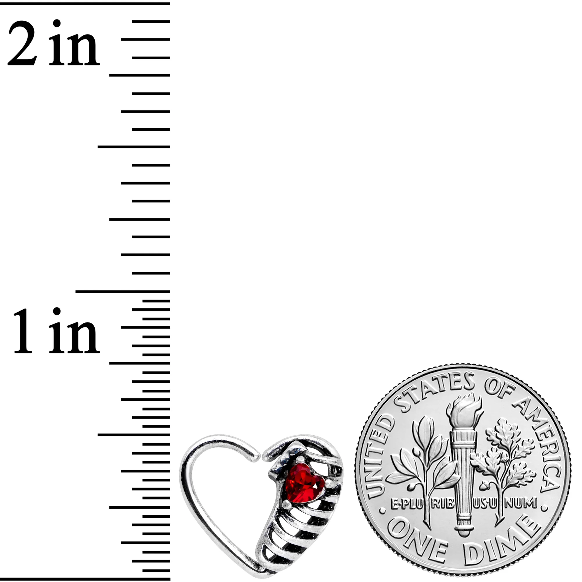 16G 1/4 Red CZ Gem Heart Ribs Halloween Left Side Closure Ring - Image 2