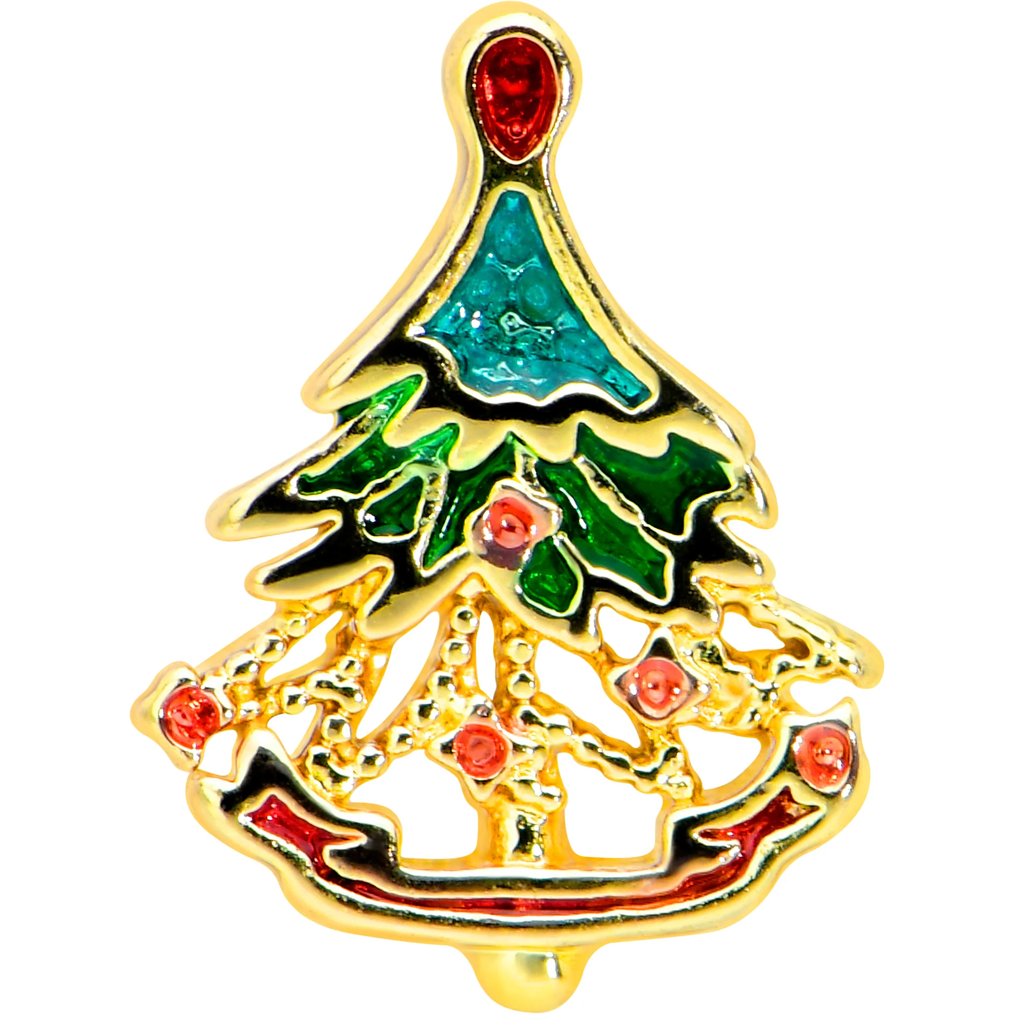 16G 1/4 Red Gem Gold Tone Deco Holiday Tree Cartilage Earring - Image 2