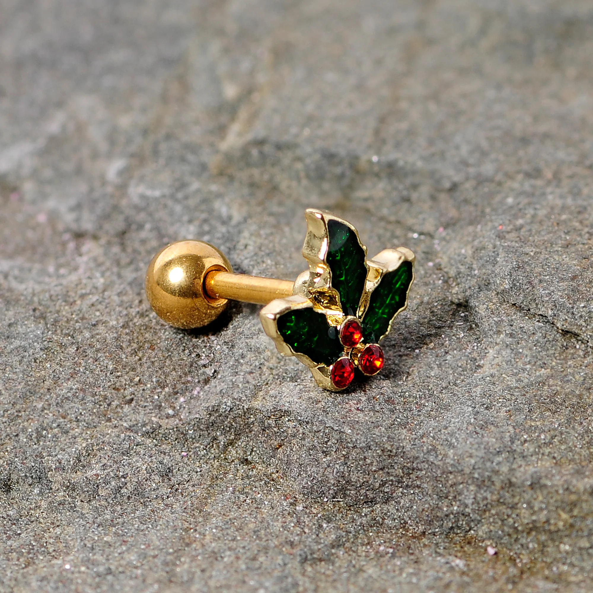 16G 1/4 Red Gem Gold Tone Mistletoe Christmas Cartilage Tragus - Image 3