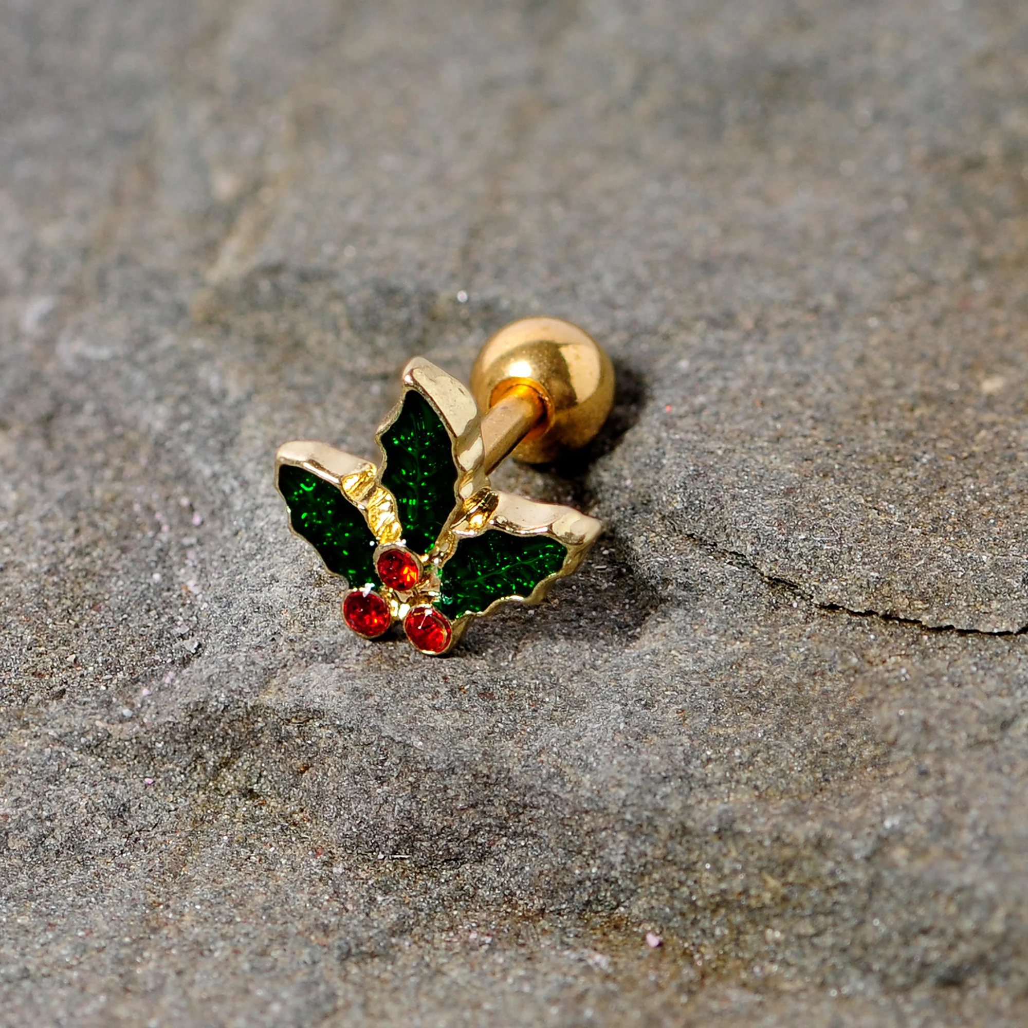 16G 1/4 Red Gem Gold Tone Mistletoe Christmas Cartilage Tragus - Image 4