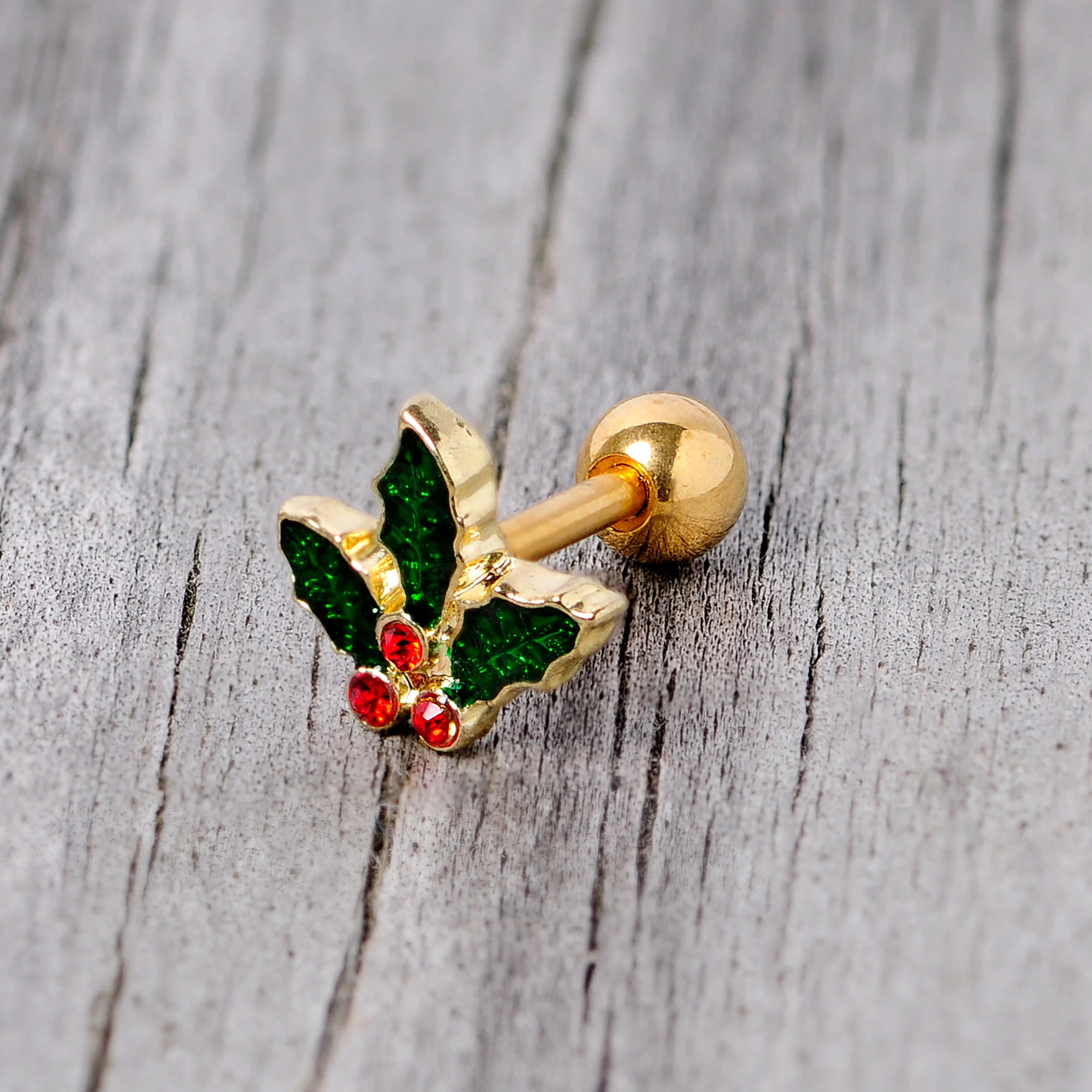 16G 1/4 Red Gem Gold Tone Mistletoe Christmas Cartilage Tragus - Image 6