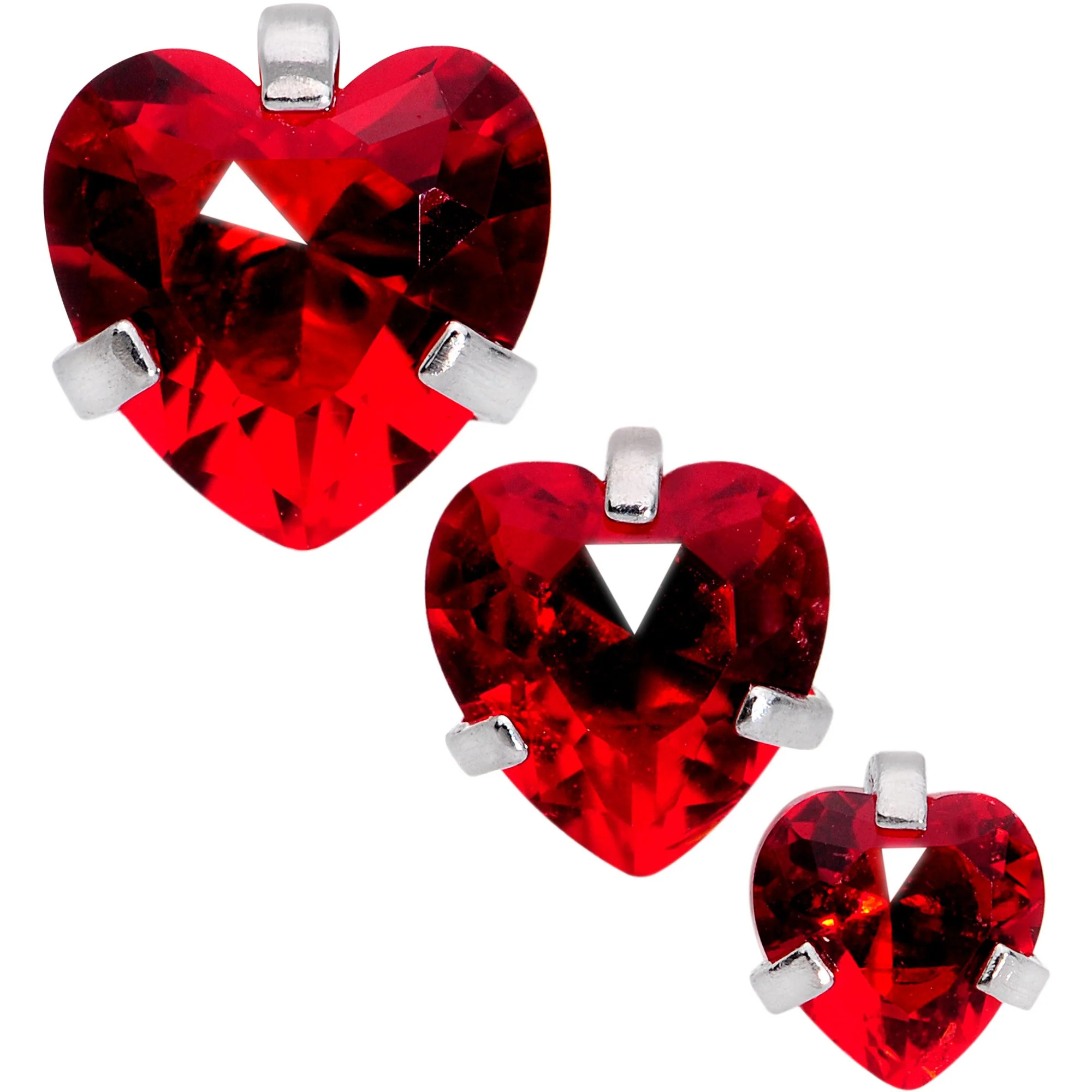 16G 5/16 Red Gem Heart Trio Tragus Cartilage Earring Set of 3 - Image 2