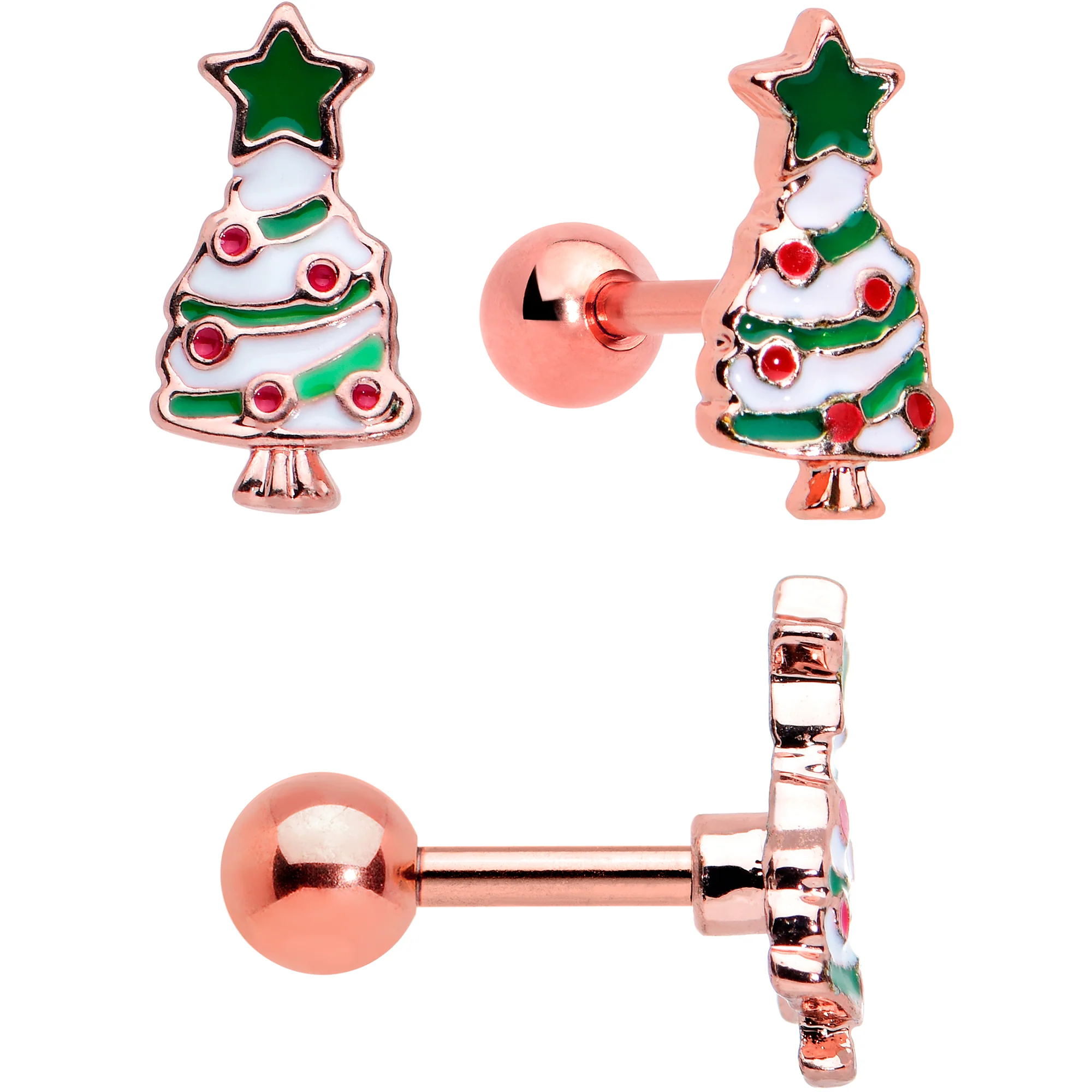 16G 1/4 Red Gem Rose Gold Tone Snowman Christmas Tragus Set of 3 - Image 4