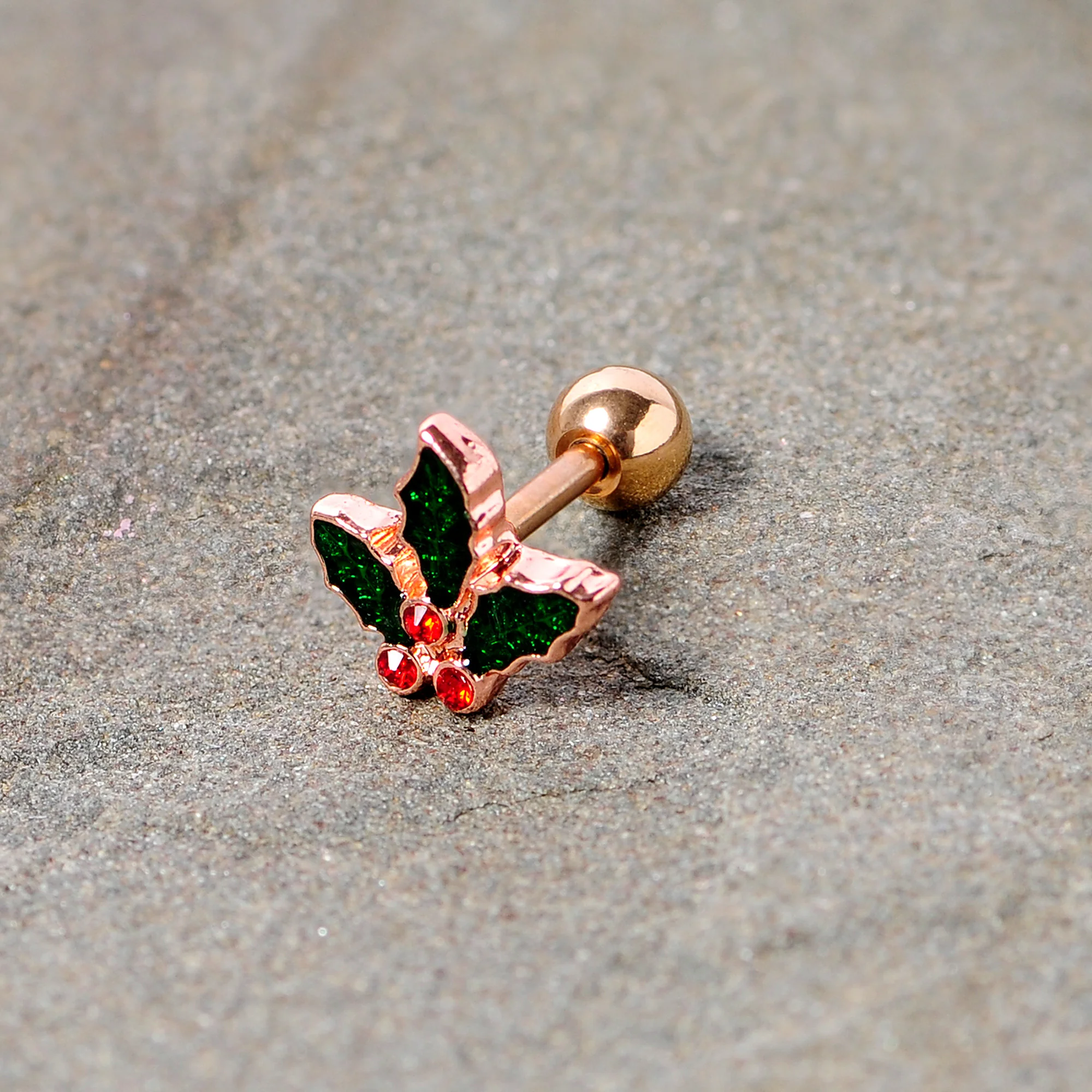 16G 1/4 Red Gem Rose Tone Mistletoe Christmas Cartilage Tragus - Image 4