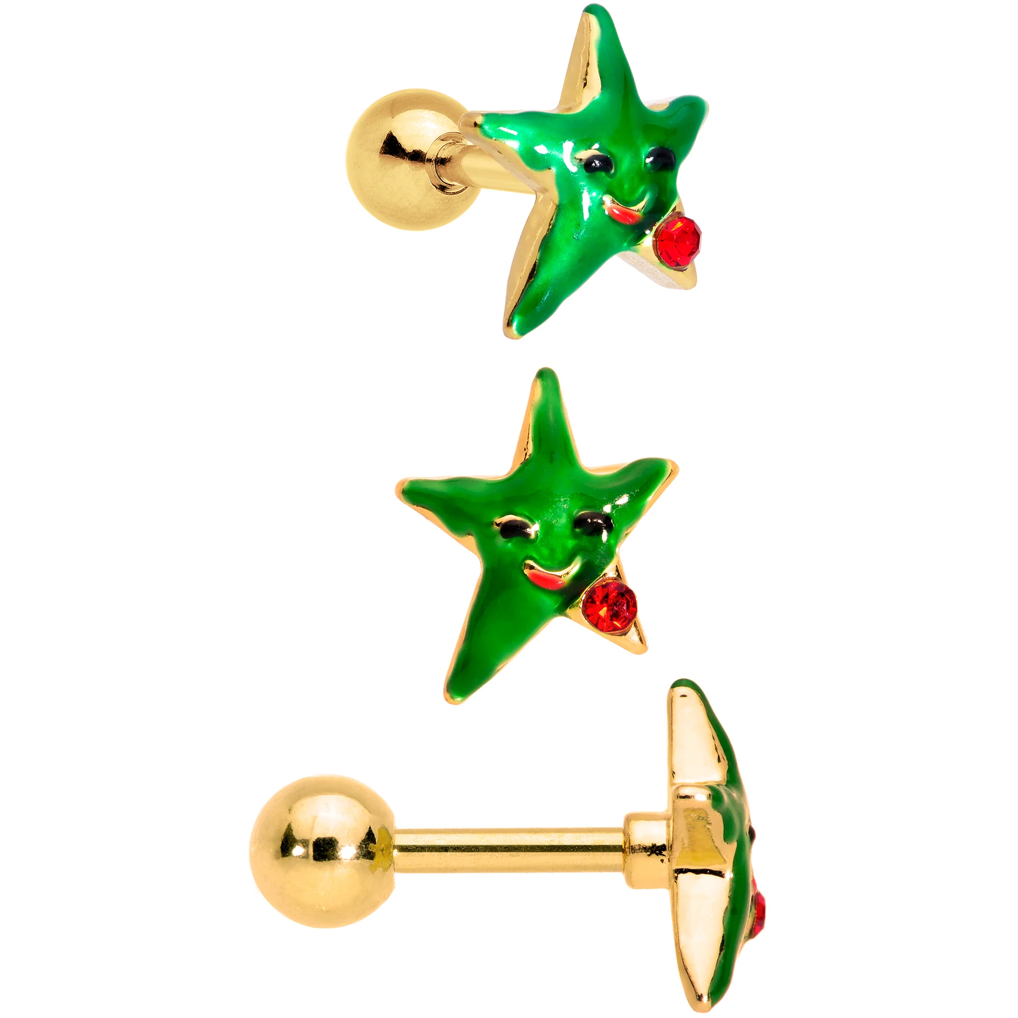 16G 1/4 Red Green Gem Merry Christmas Cartilage Tragus Set of 3 - Image 3