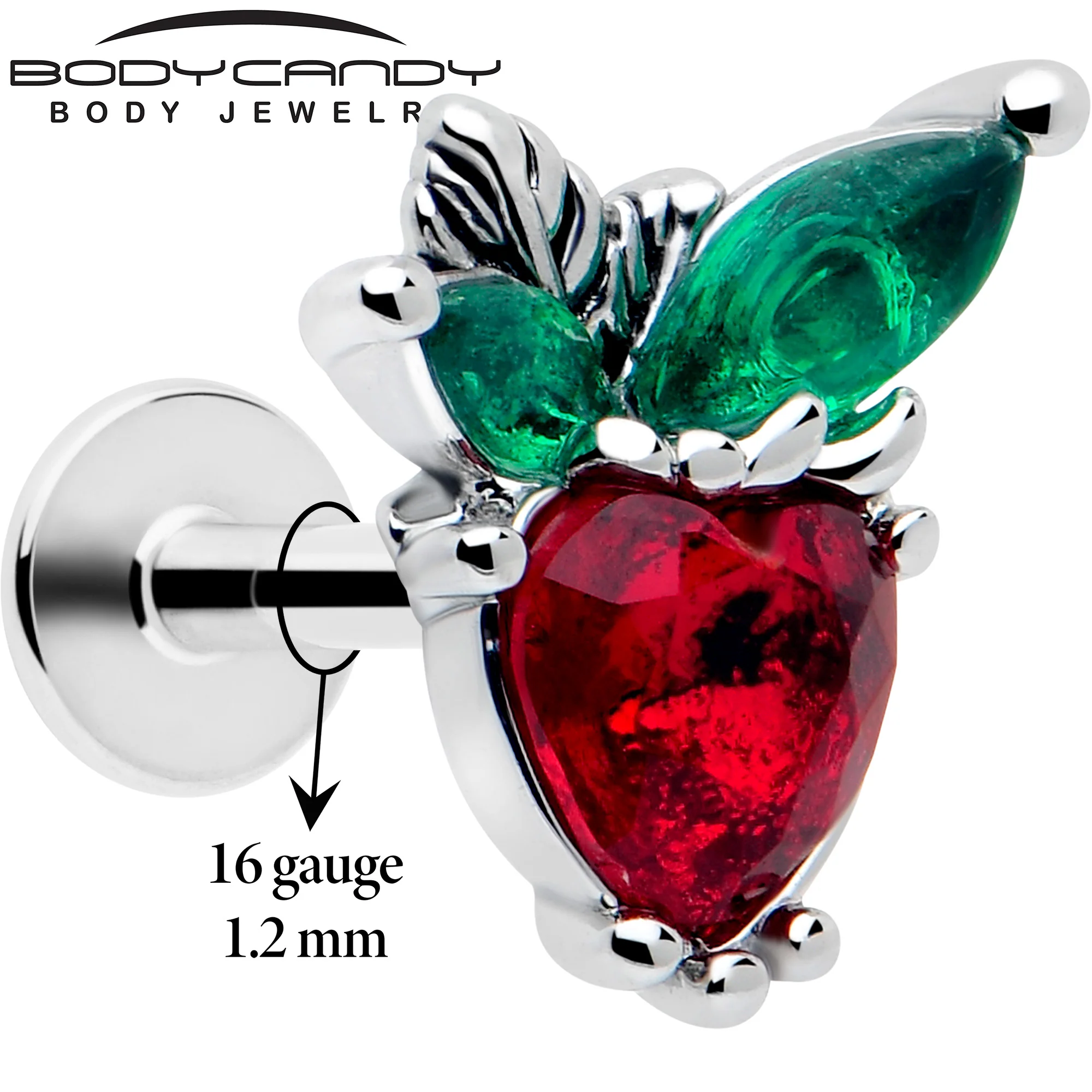 16G 1/4 Red Green Gem Strawberry Heart Labret - Image 2
