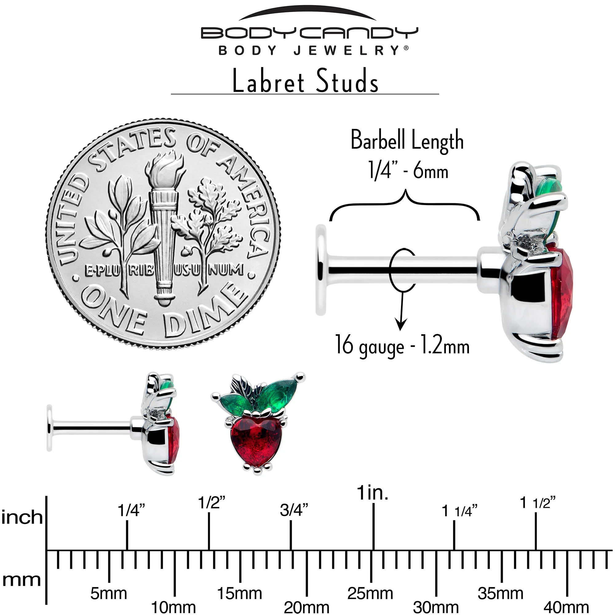 16G 1/4 Red Green Gem Strawberry Heart Labret - Image 5