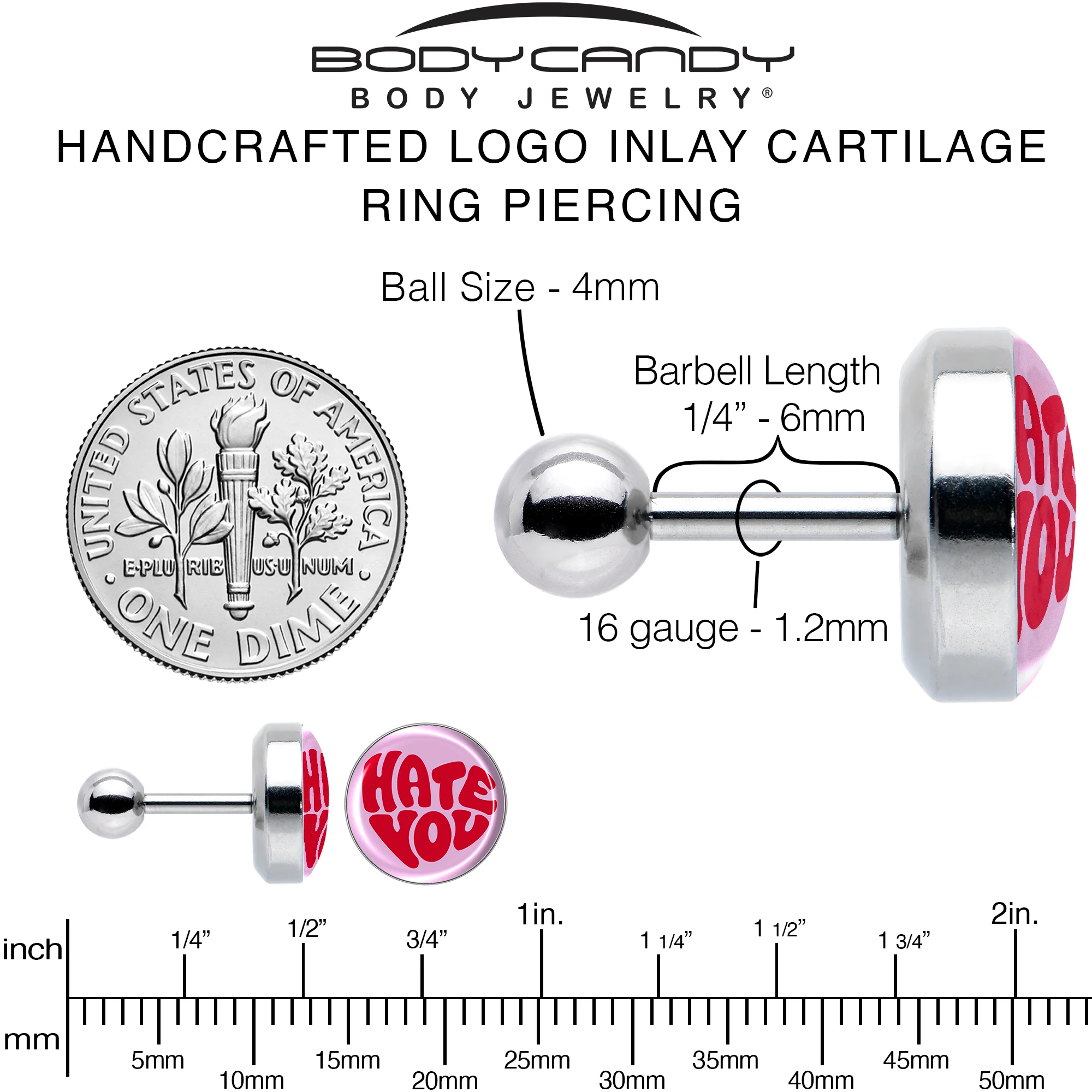 16G 1/4 Retro Text Hate You Tragus Cartilage Earring by Onyx O - Image 6