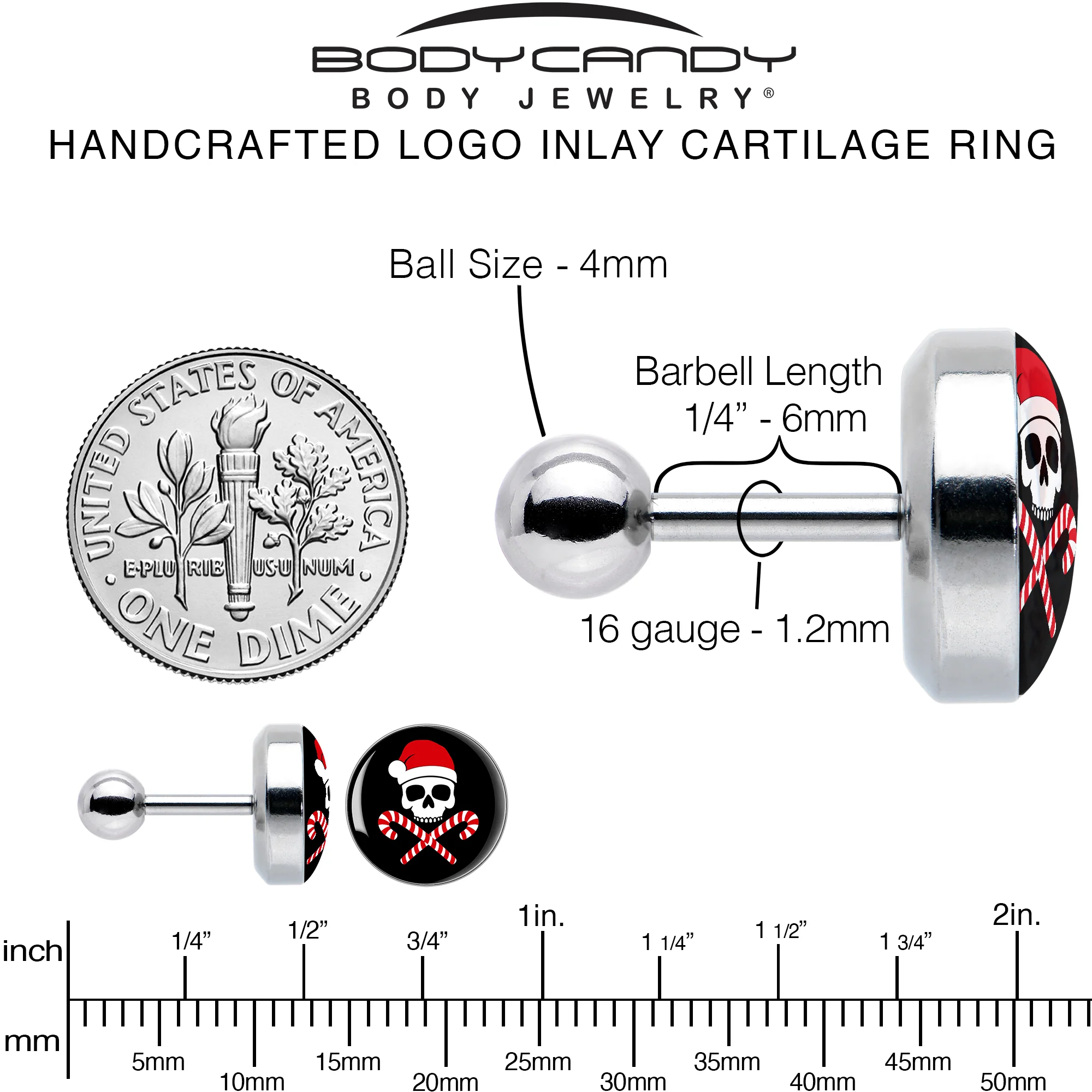 16G 1/4 Santa Pirate Candy Cane Tragus Cartilage Earring by Onyx O - Image 6