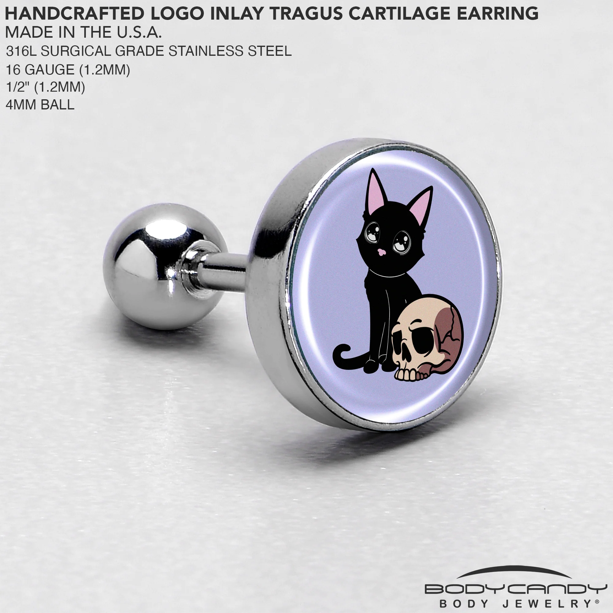 16G 1/4 Skull Cat Tragus Cartilage Earring by Onyx O - Image 4