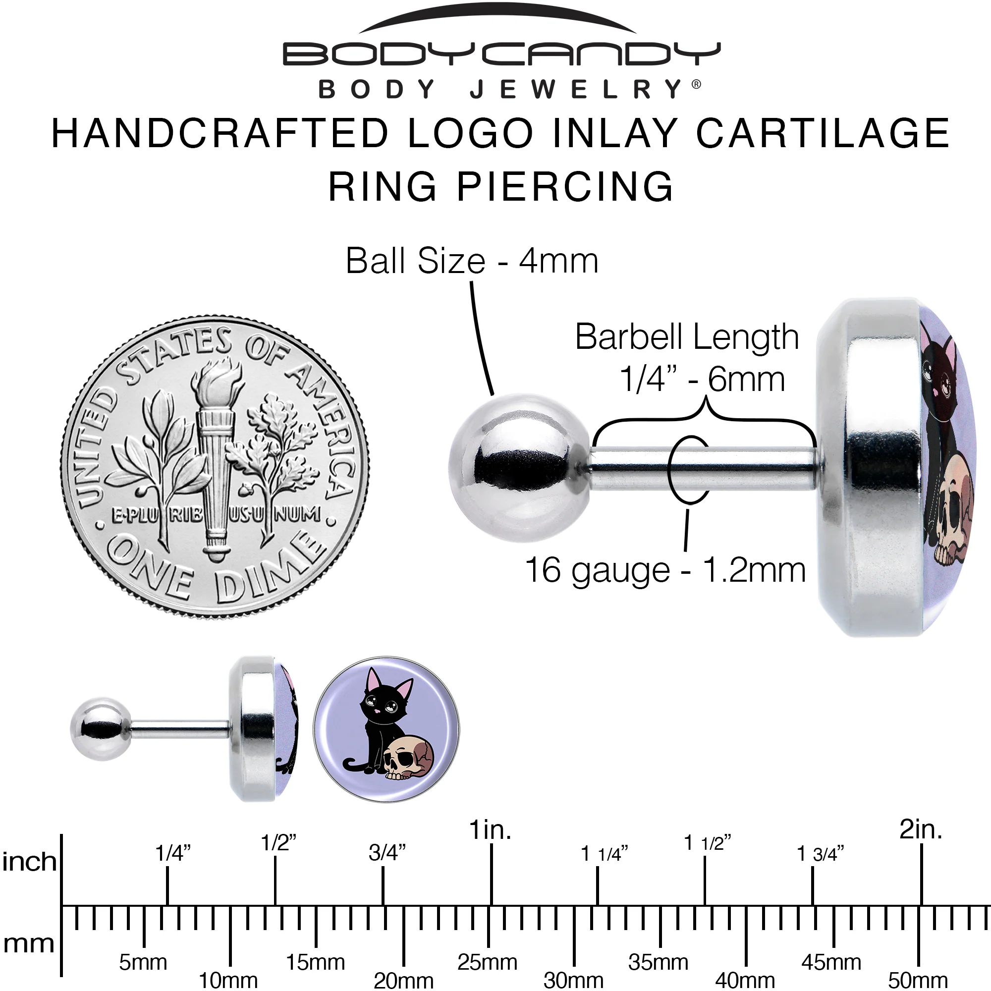 16G 1/4 Skull Cat Tragus Cartilage Earring by Onyx O - Image 6
