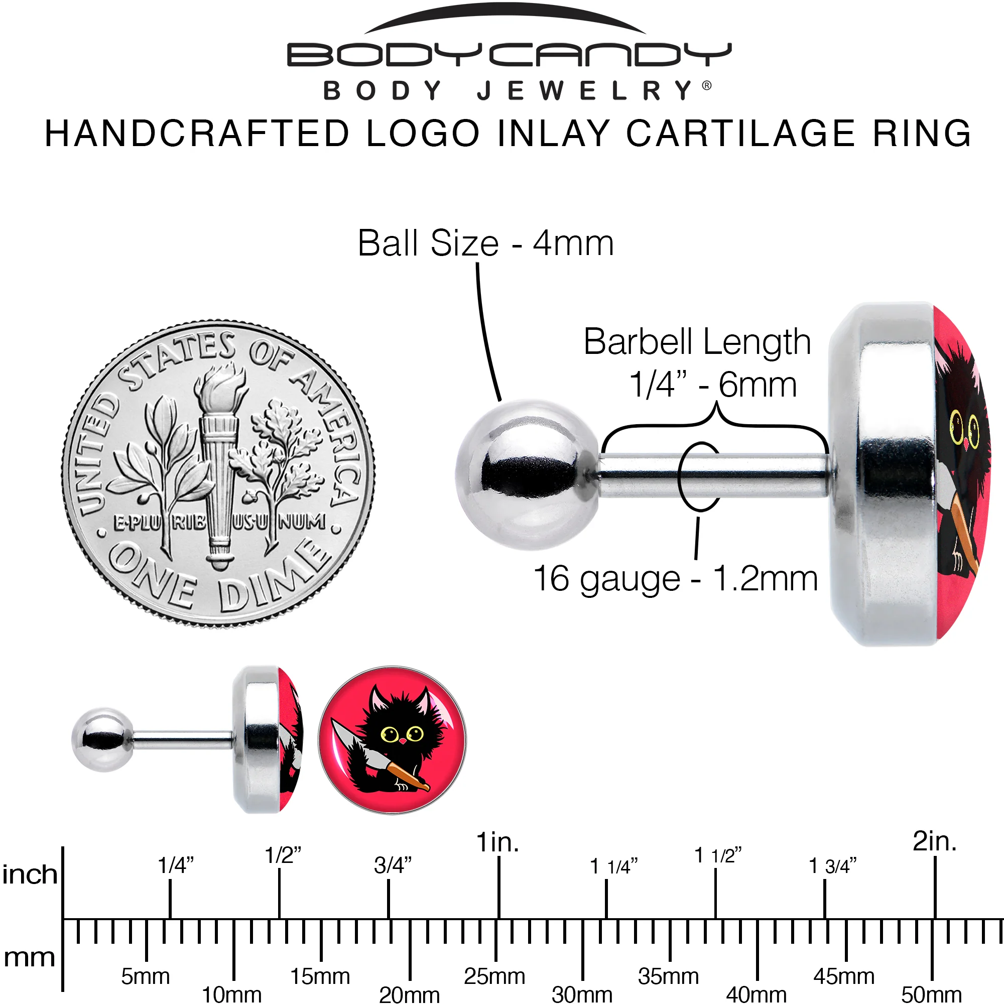 16G 1/4 Stabby Cat Tragus Cartilage Earring by Onyx O - Image 6