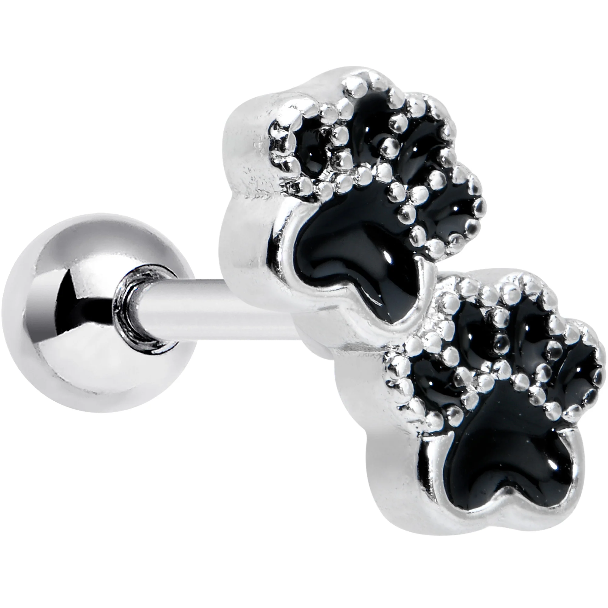 16G 1/4 Textured Black Paw Prints Cartilage Tragus Earring