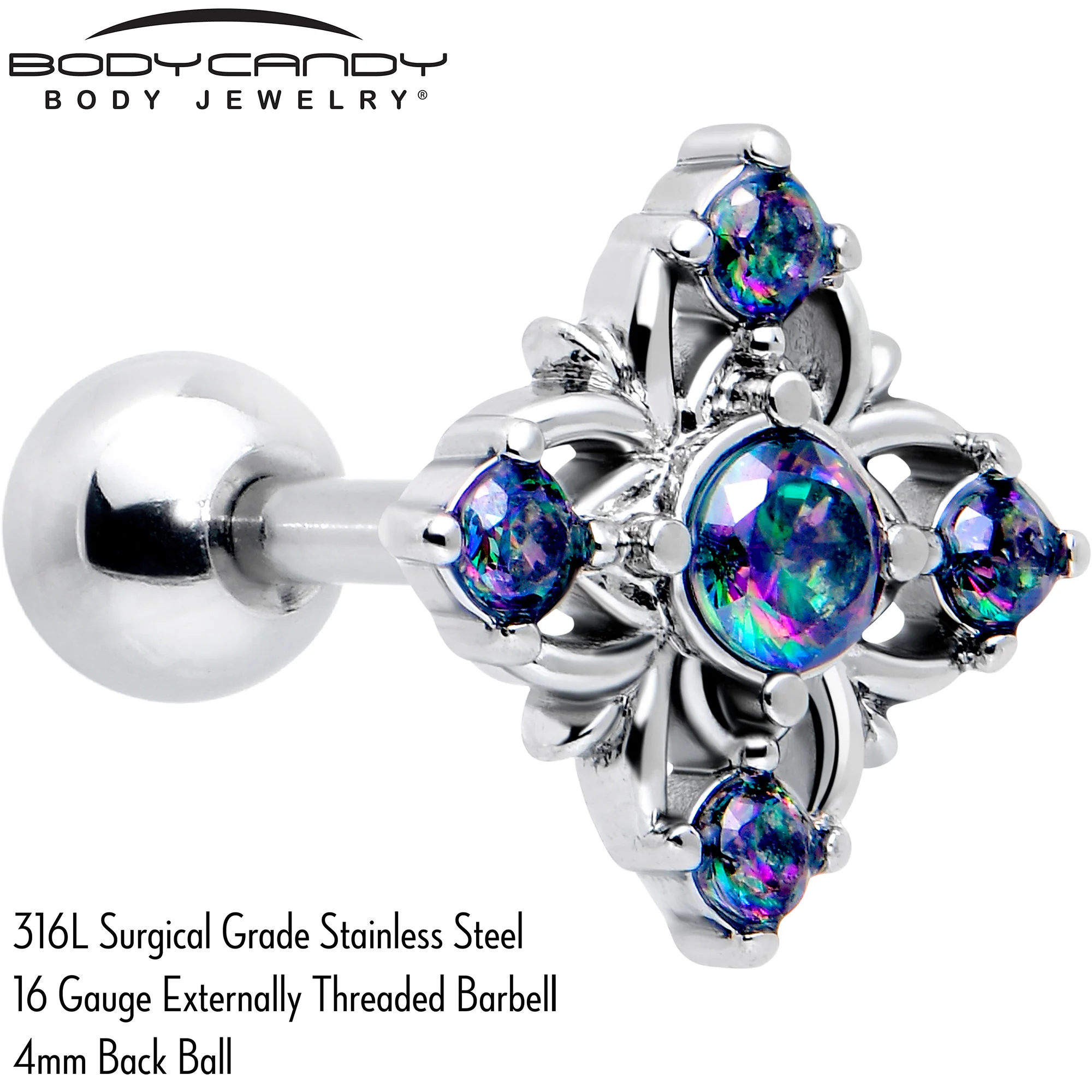 16G 1/4 Vitrail CZ Gem Beauty Cross Cartilage Tragus Earring - Image 2