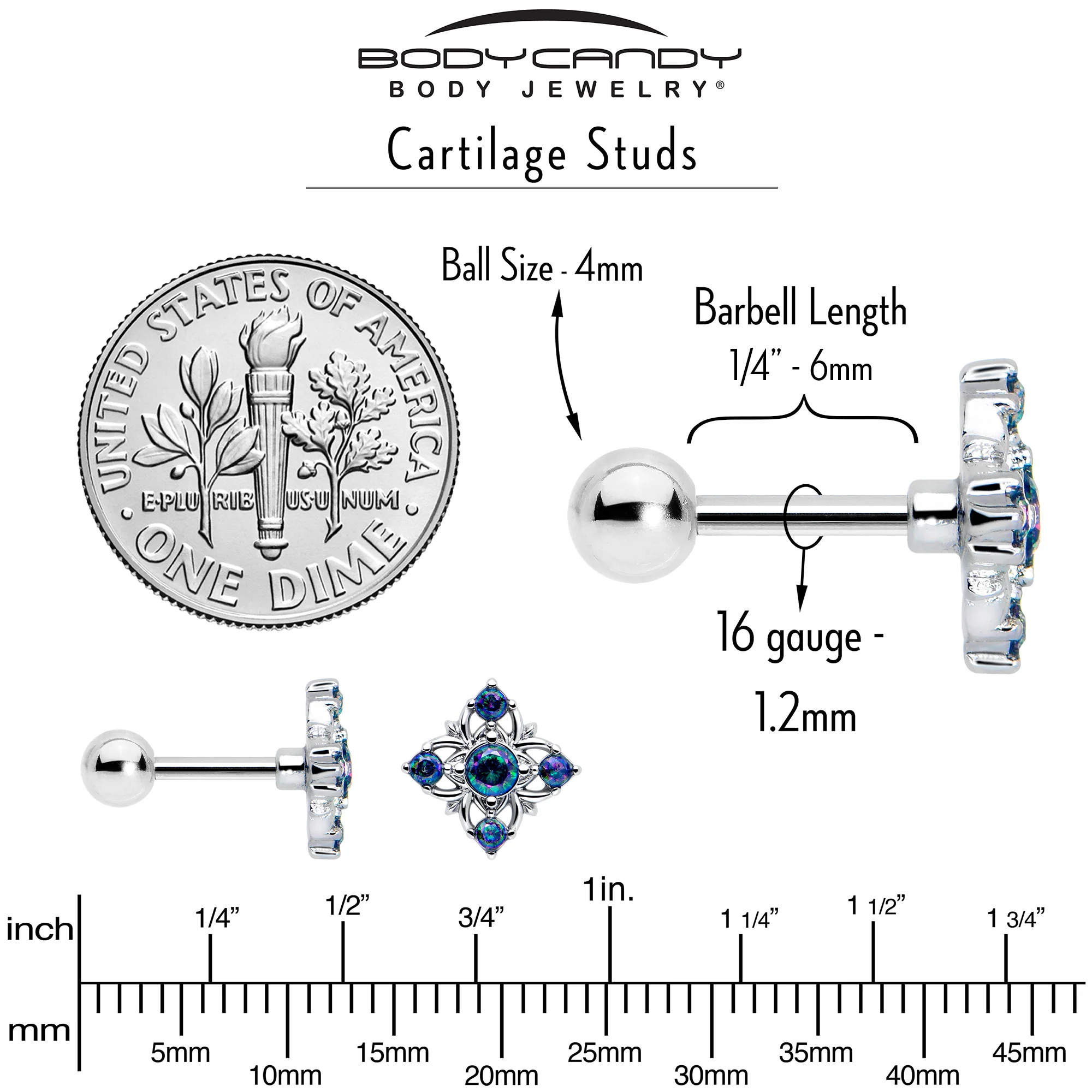 16G 1/4 Vitrail CZ Gem Beauty Cross Cartilage Tragus Earring - Image 5