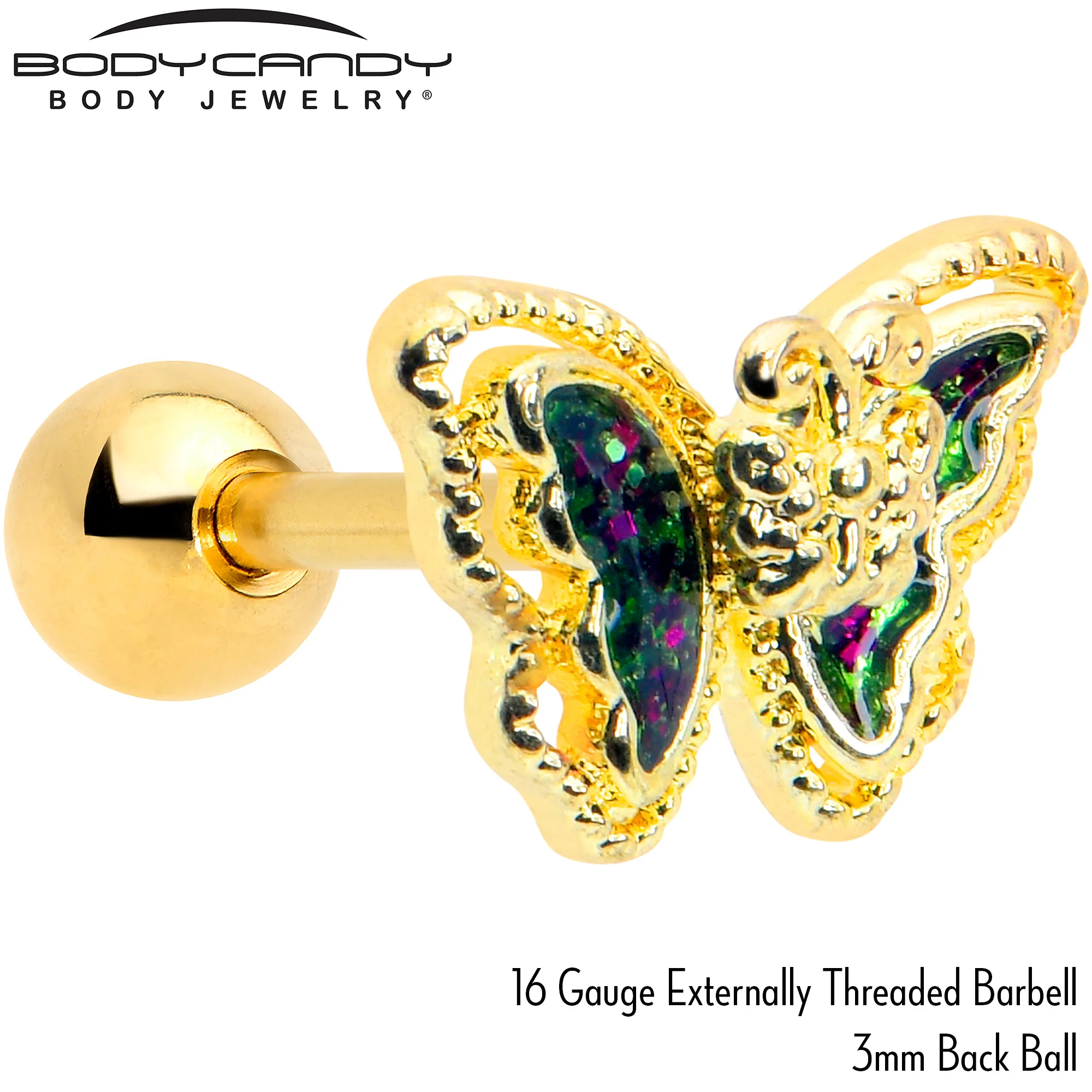 16G 1/4 Vitrail Gem Gold Tone Classic Butterfly Cartilage Earring - Image 4