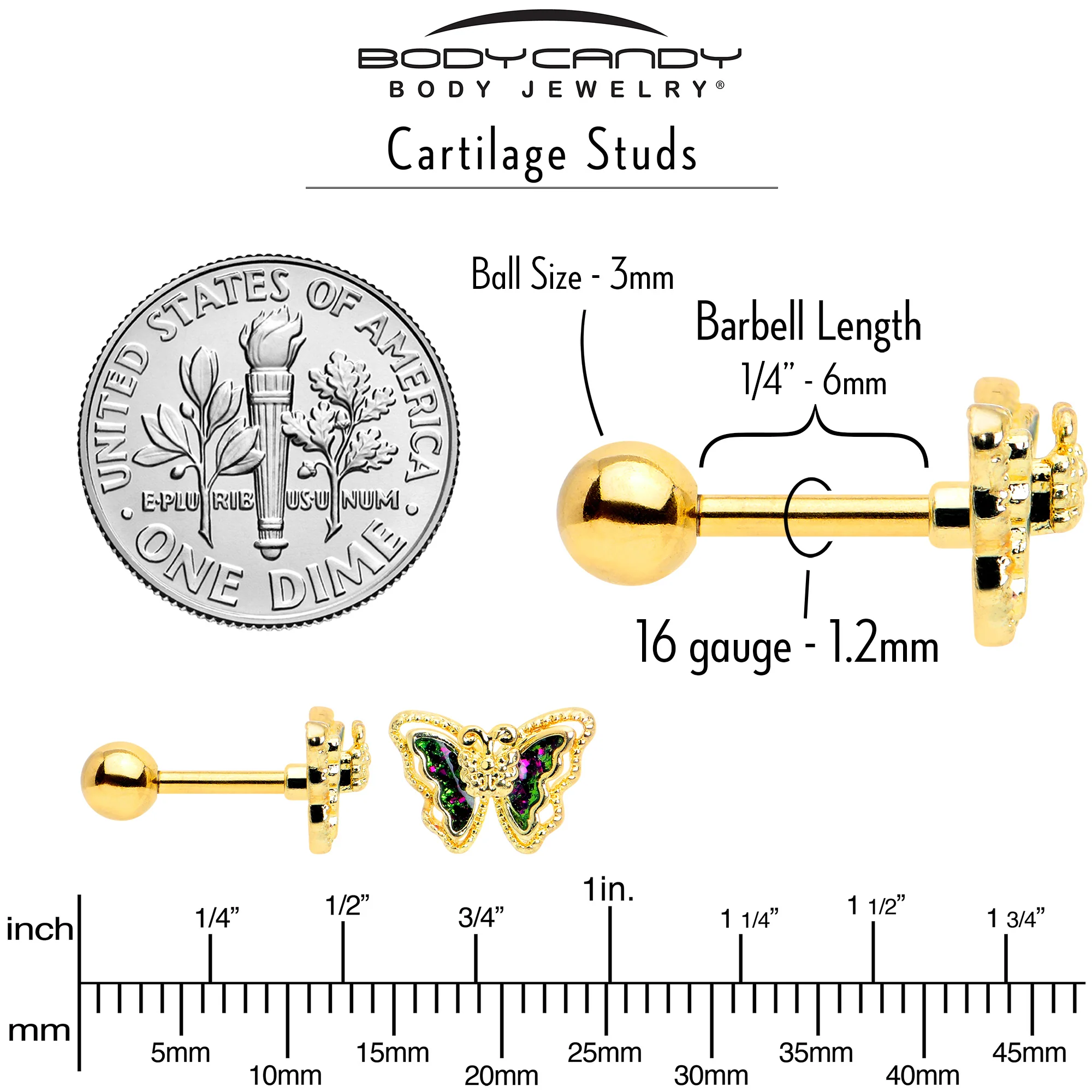 16G 1/4 Vitrail Gem Gold Tone Classic Butterfly Cartilage Earring - Image 5