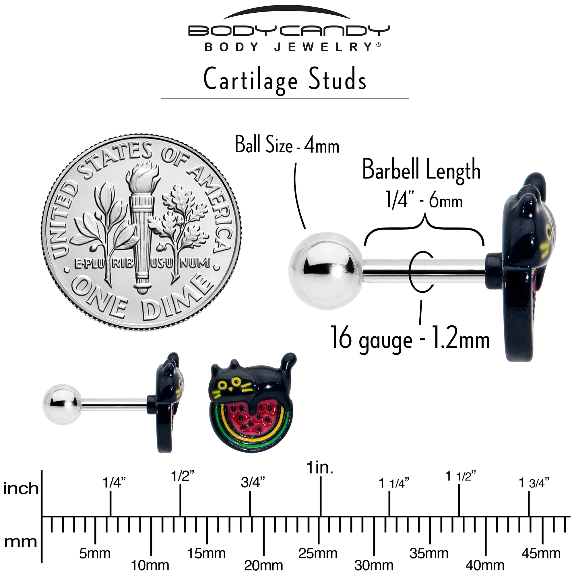 16G 1/4 Watermelon Cat Love Cartilage Tragus Earring - Image 5
