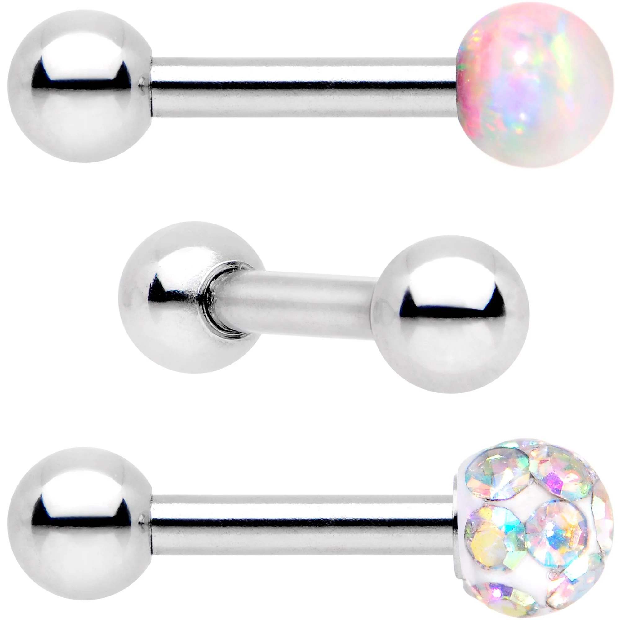 16G 1/4 White Faux Opal Ball Cartilage Tragus Earring 3 Pack Set - Image 2