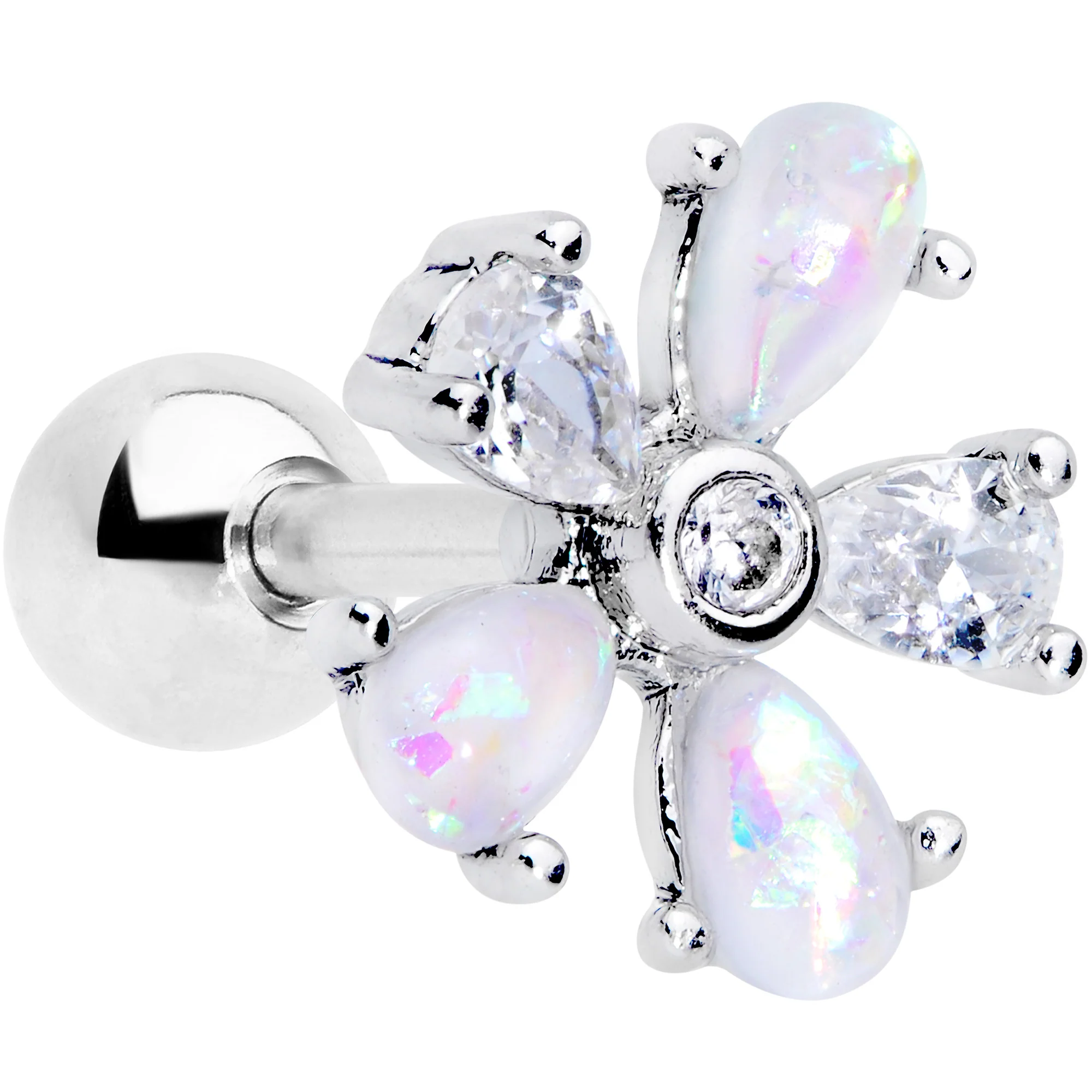 16G 1/4 White Faux Opal Flower Cartilage Tragus