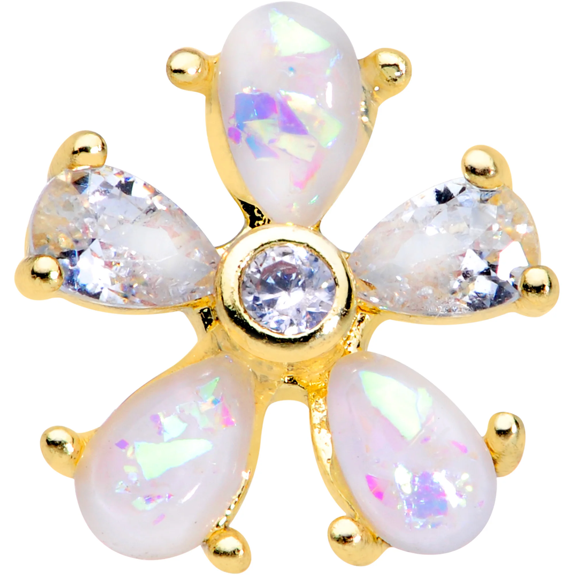 16G 1/4 White Faux Opal Gold Tone Flower Cartilage Tragus - Image 2