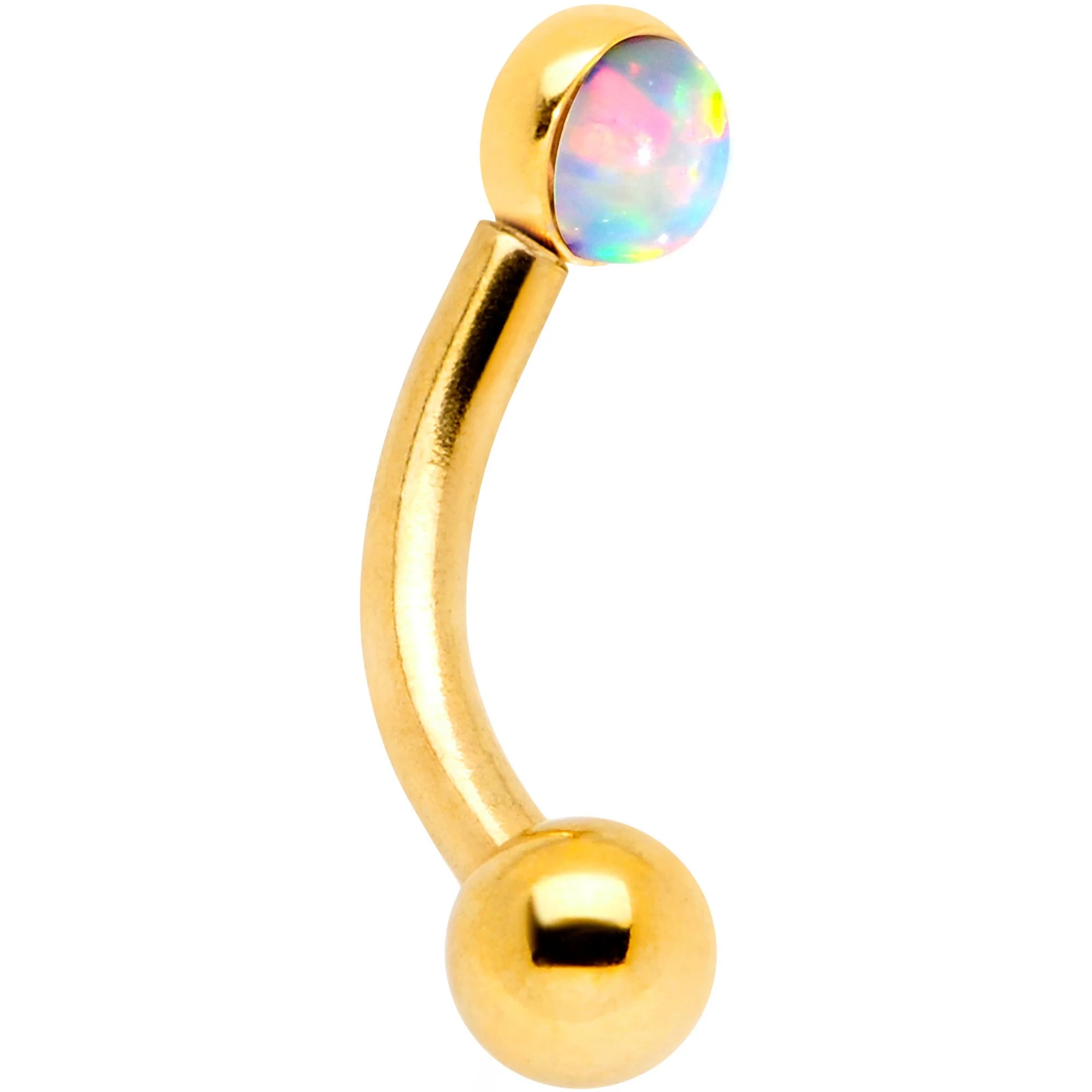 16G 1/4 White Synthetic Opal Flat Set Gold IP Curved Eyebrow Rook Piercing - Image 2