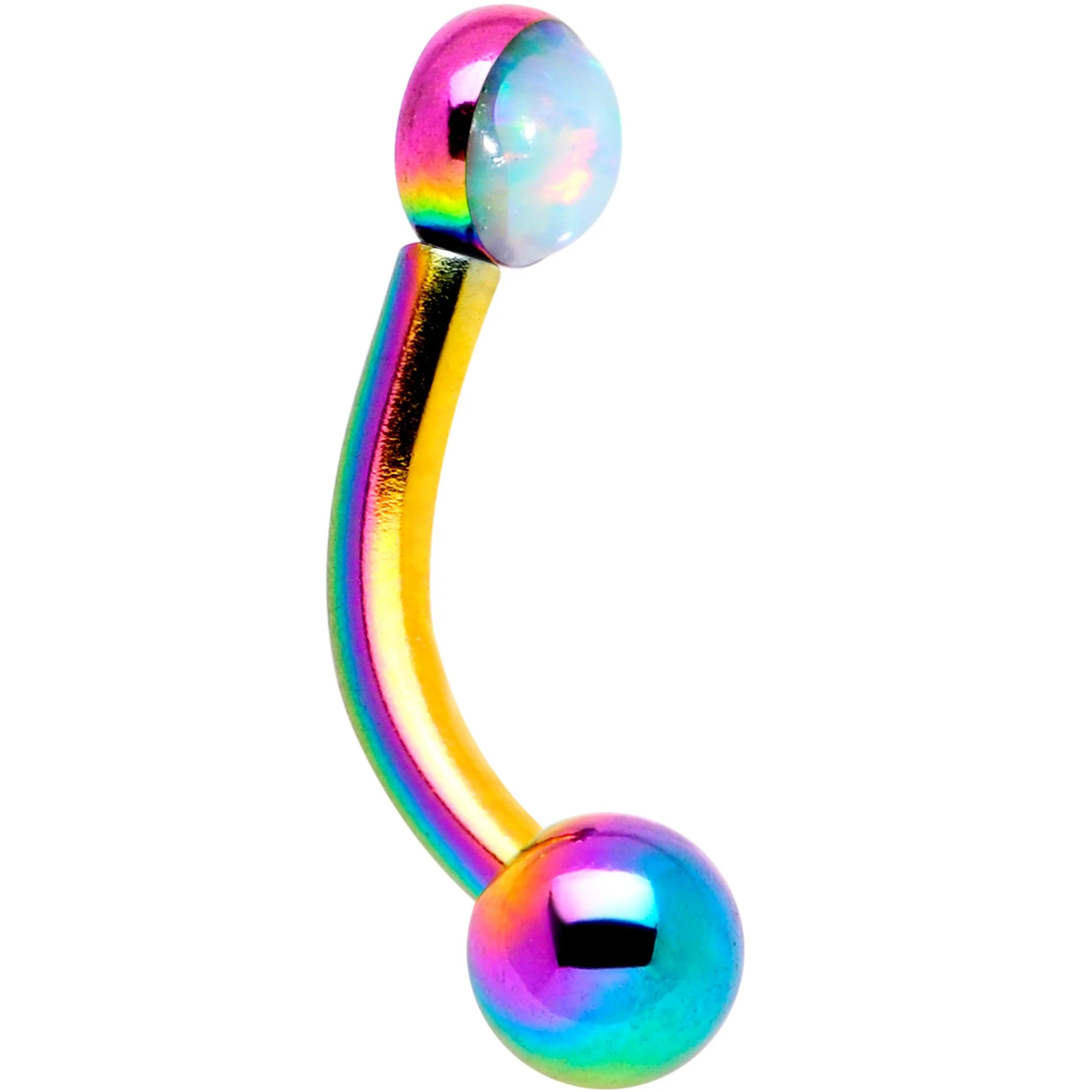 16G 1/4 White Synthetic Opal Flat Set Rainbow IP Curved Eyebrow Rook Piercing - Image 2