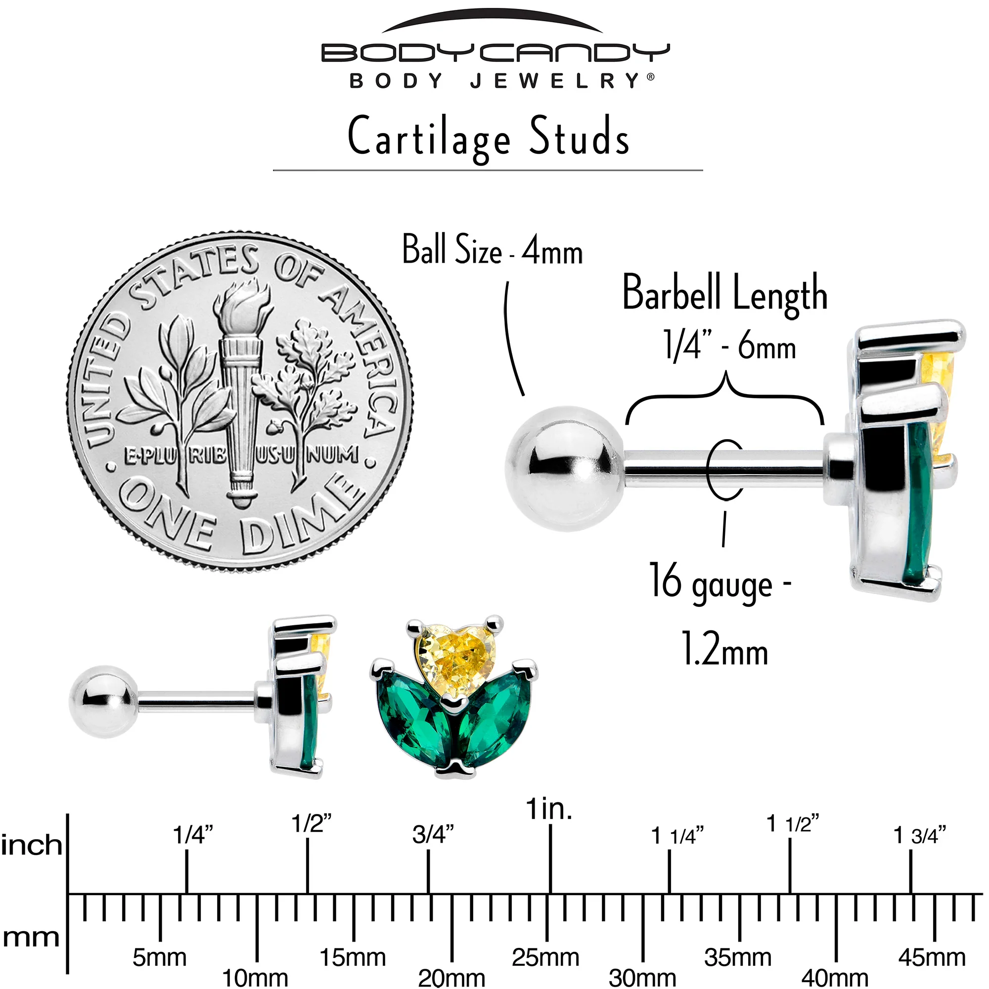 16G 1/4 Yellow Green CZ Gem Love Flower Cartilage Tragus Earring - Image 5