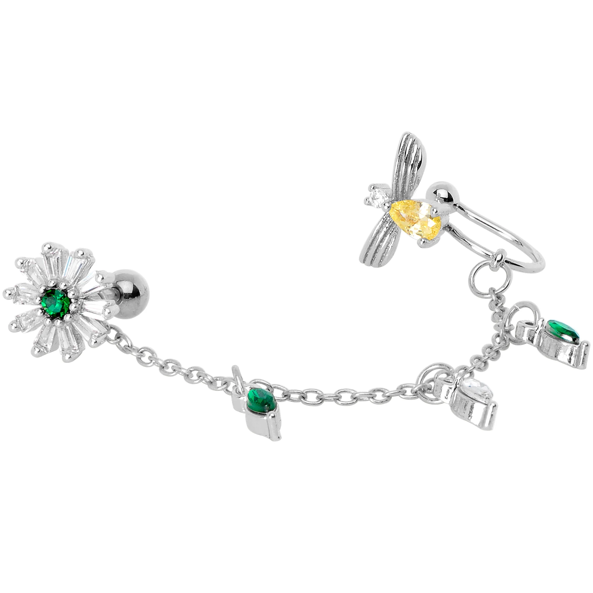 16G 1/4 Yellow Green Gem Angel Cuff Chain Left Cartilage Tragus - Image 2