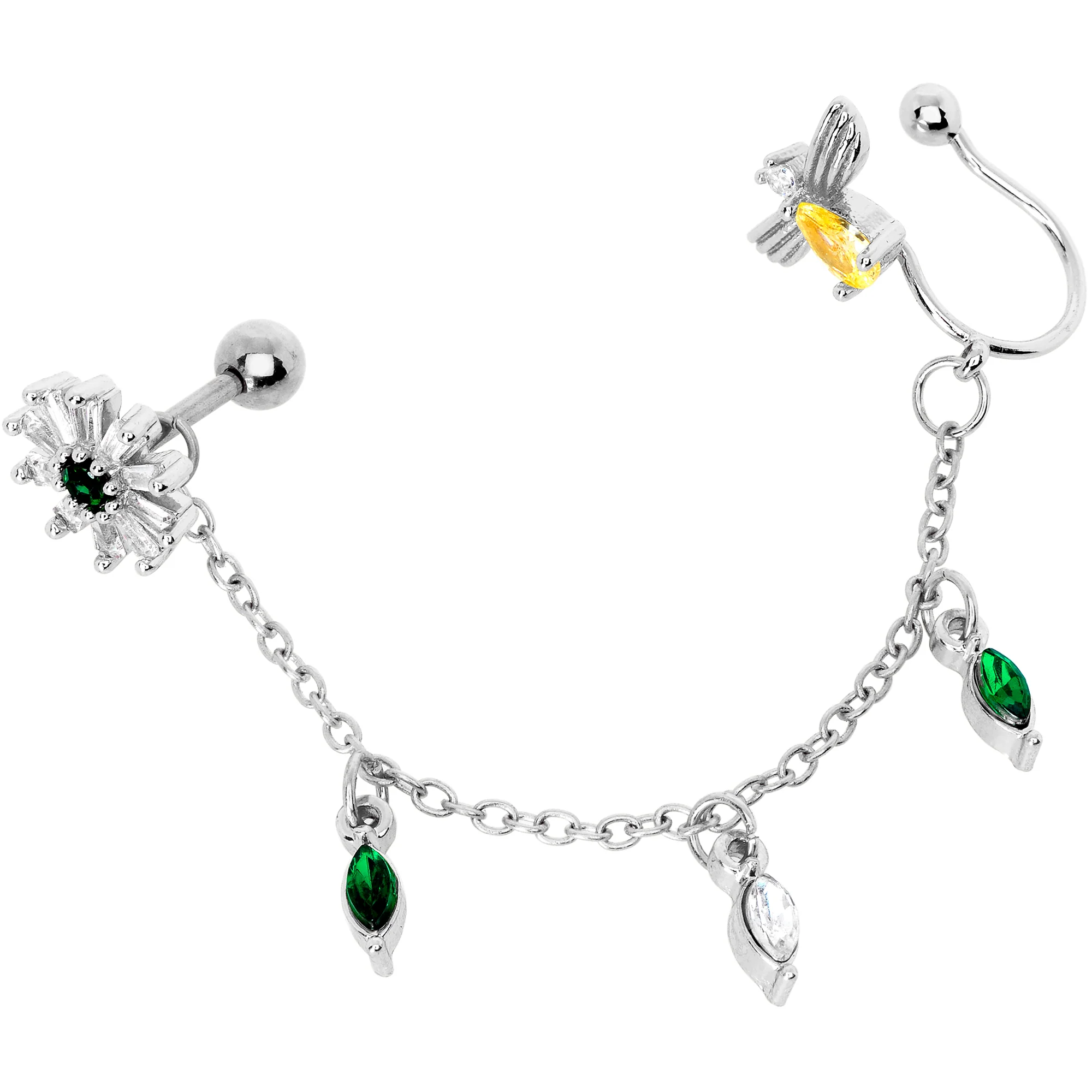 16G 1/4 Yellow Green Gem Angel Cuff Chain Left Cartilage Tragus - Image 3