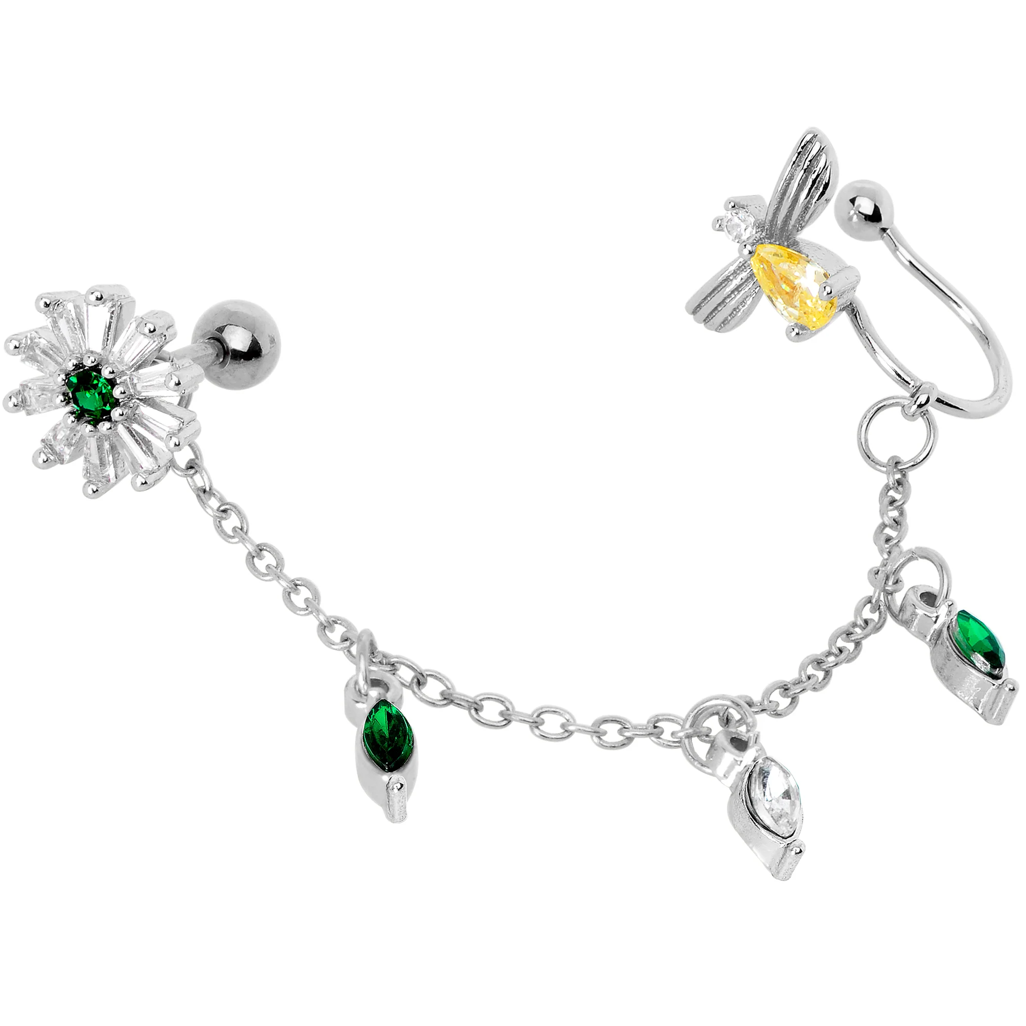 16G 1/4 Yellow Green Gem Angel Cuff Chain Left Cartilage Tragus - Image 4