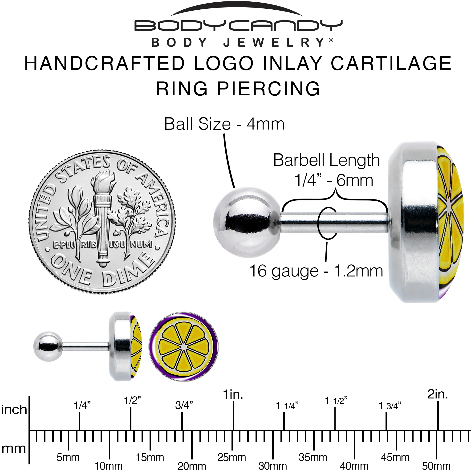 16G 1/4 Yellow Slice of Lemon Tragus Cartilage Earring by Onyx O - Image 6