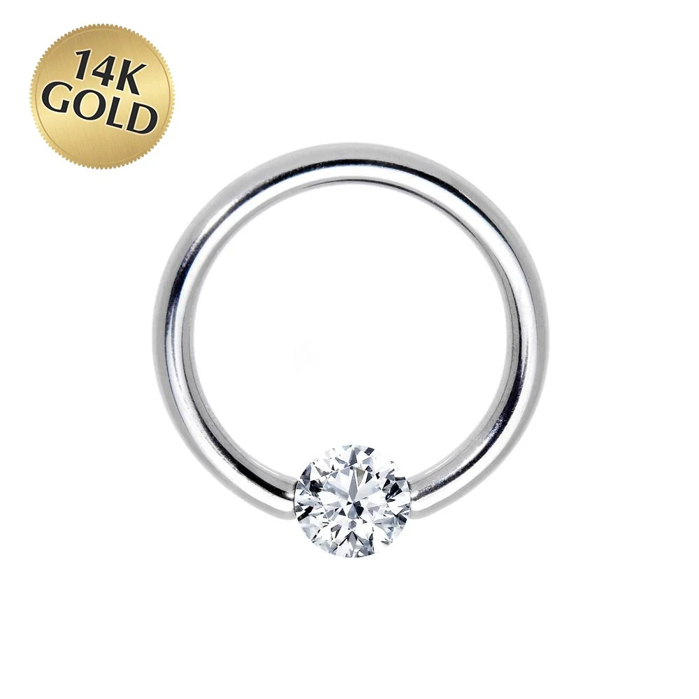 16G 1/2 Solid 14k White Gold 3mm Clear Cubic Zirconia Tension Captive Ring - Image 3