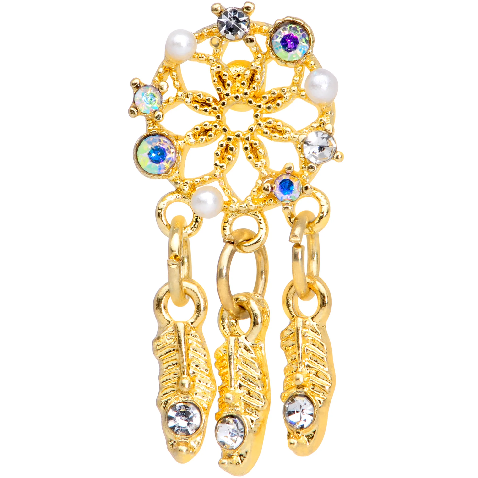 16G 1/4 Aurora CZ Gold Tone Dreamcatcher Feather Dangle Cartilage - Image 5