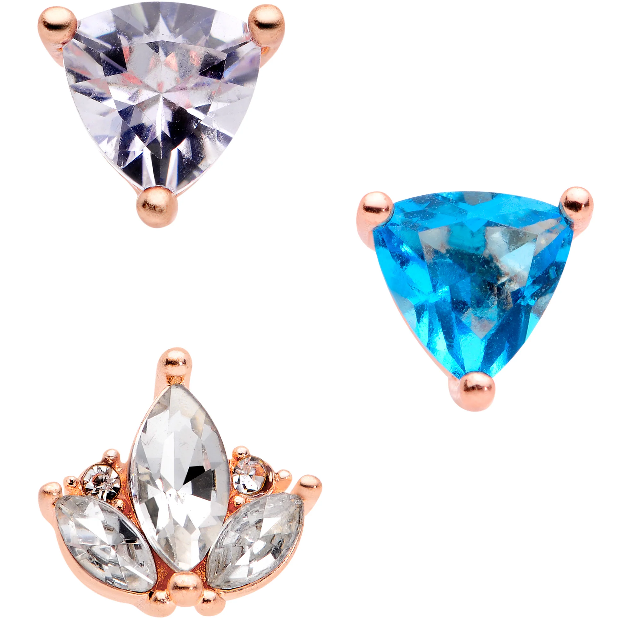 16G 1/4 Blue CZ Gem Rose Gold Tone Cartilage Tragus Set of 3 - Image 2